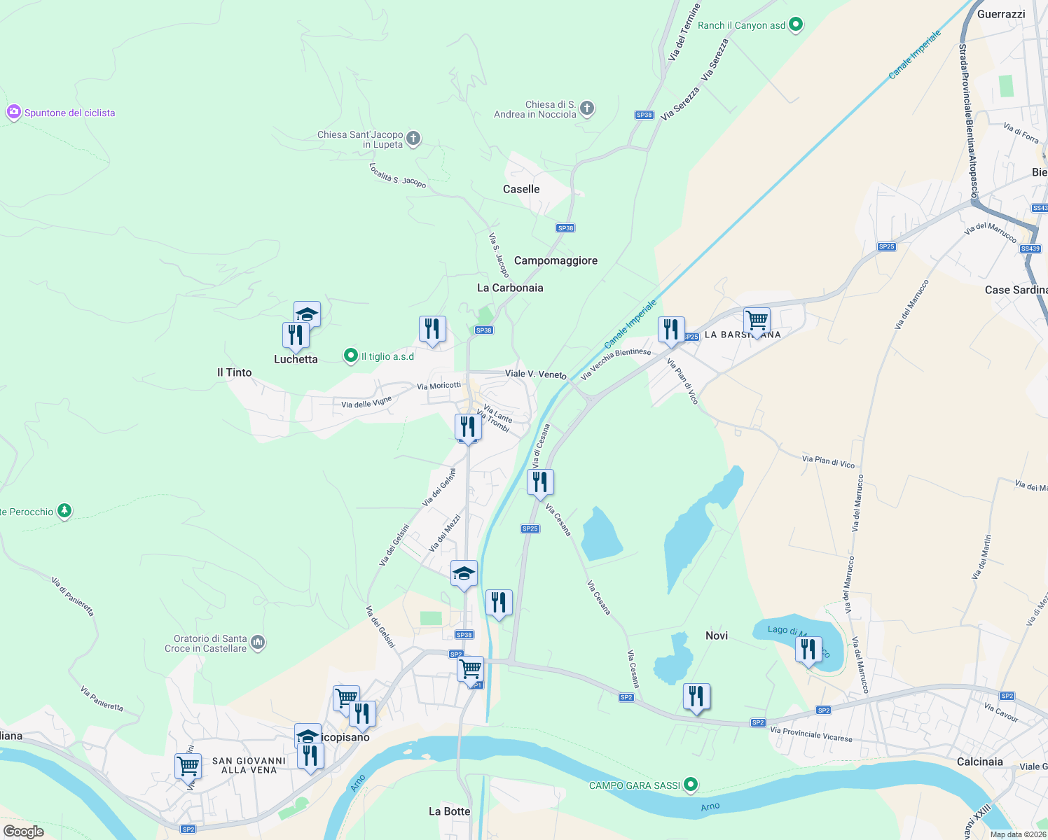 map of restaurants, bars, coffee shops, grocery stores, and more near 2 Vicolo delle Tre Torri in Vicopisano