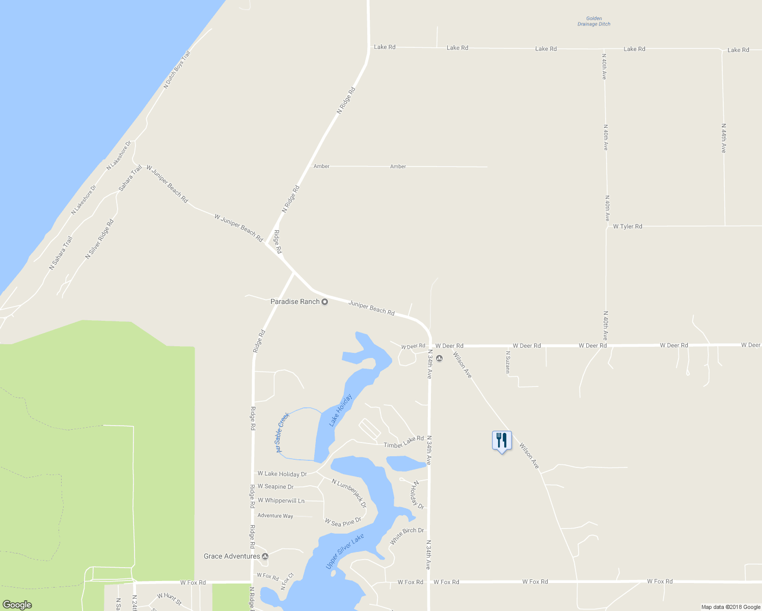 map of restaurants, bars, coffee shops, grocery stores, and more near 7964 West Juniper Beach Road in Mears