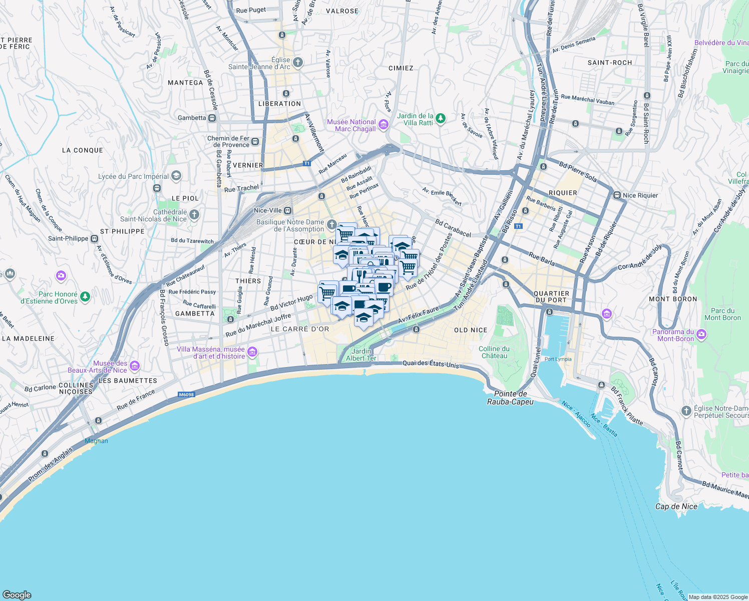 map of restaurants, bars, coffee shops, grocery stores, and more near 8 Avenue Jean Médecin in Nice