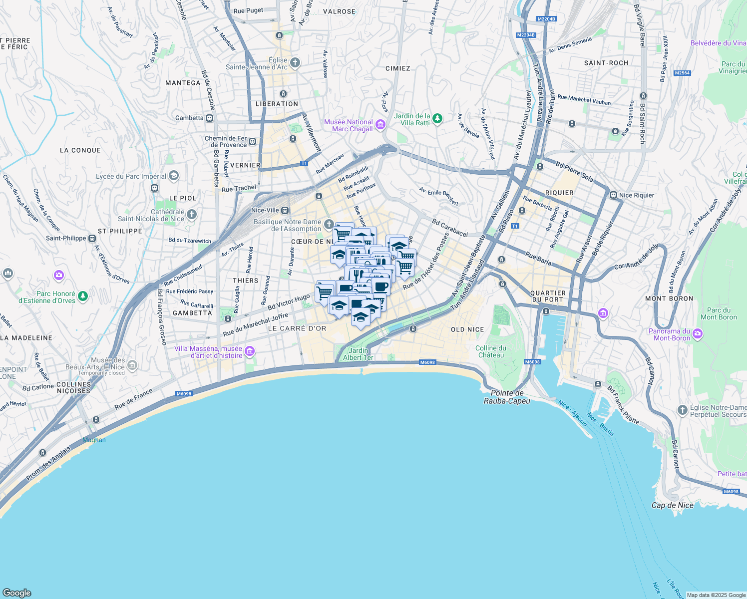 map of restaurants, bars, coffee shops, grocery stores, and more near 8 Avenue Jean Médecin in Nice