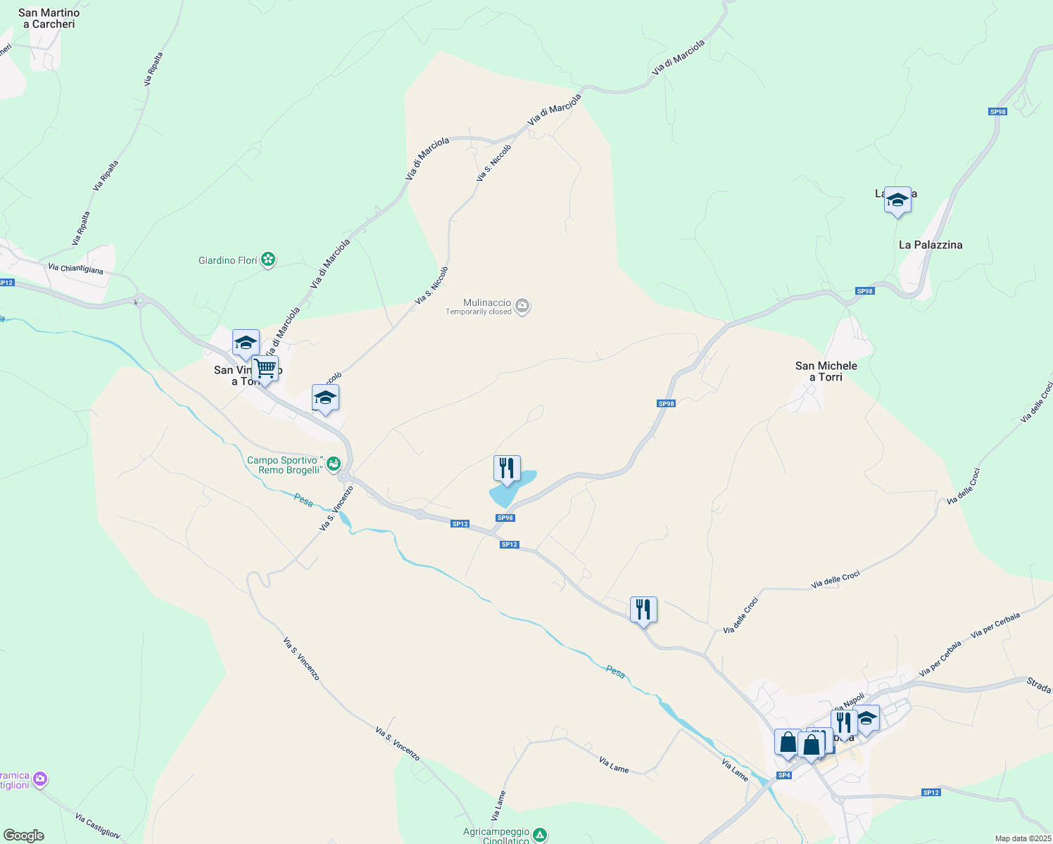 map of restaurants, bars, coffee shops, grocery stores, and more near 27 Via del Poggio in Città Metropolitana di Firenze