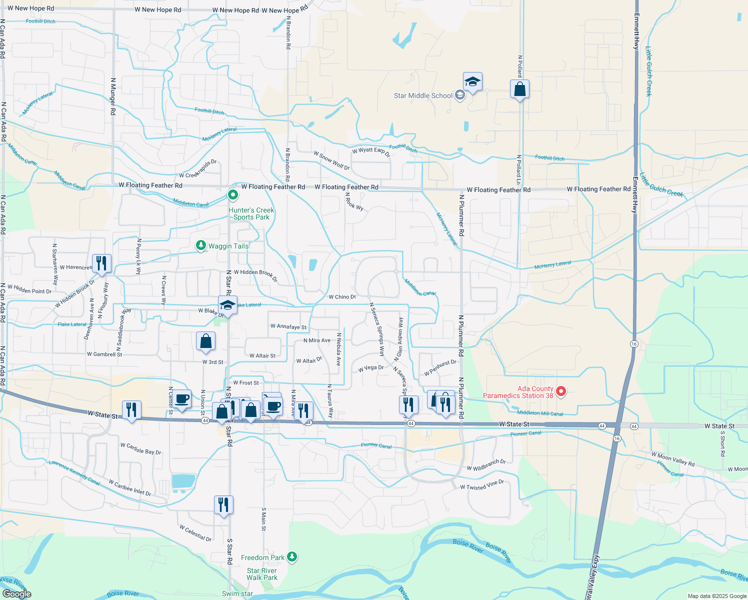 map of restaurants, bars, coffee shops, grocery stores, and more near 10205 West Chino Drive in Star