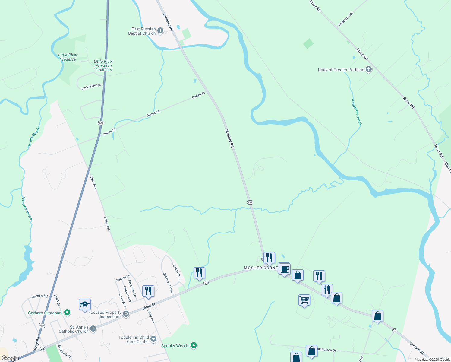 map of restaurants, bars, coffee shops, grocery stores, and more near 359 Mosher Rd in Gorham