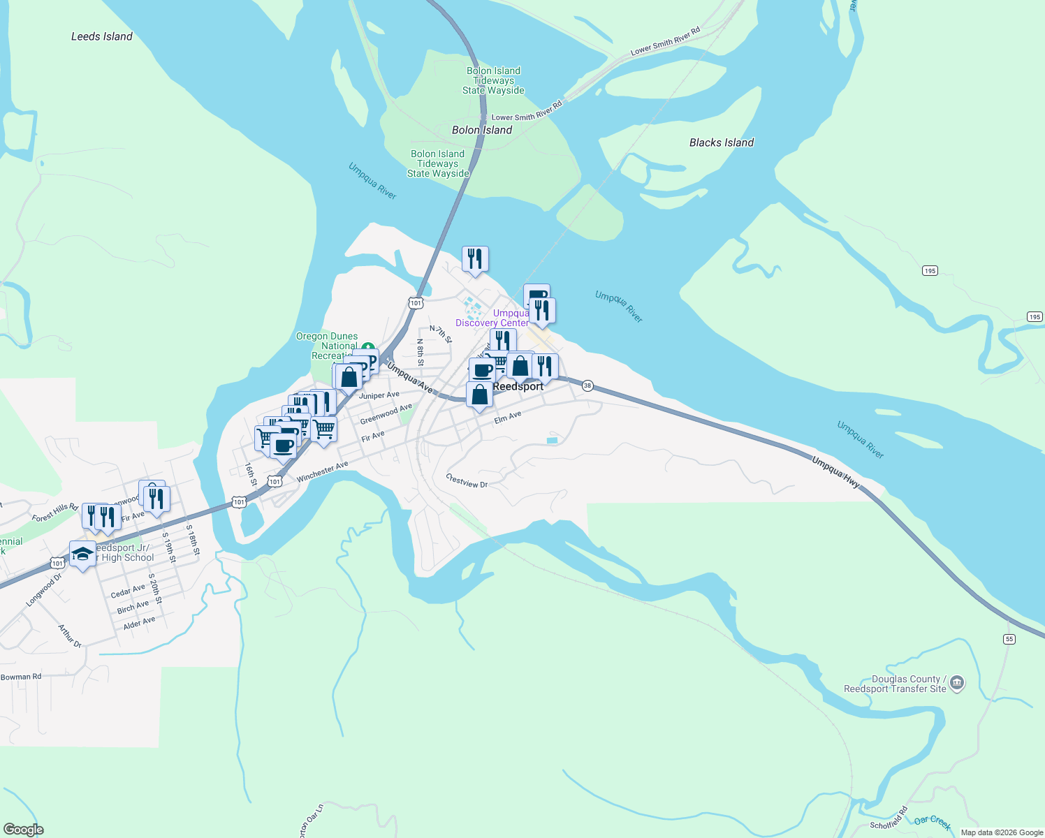 map of restaurants, bars, coffee shops, grocery stores, and more near 414 Elm Ave in Reedsport