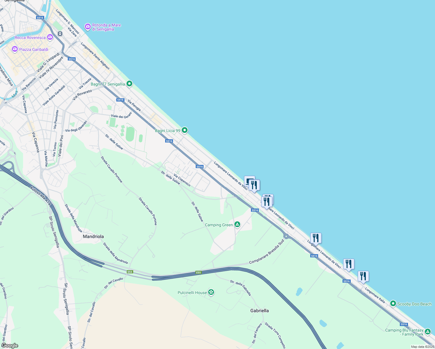 map of restaurants, bars, coffee shops, grocery stores, and more near 15 Via Galileo Galilei in Senigallia