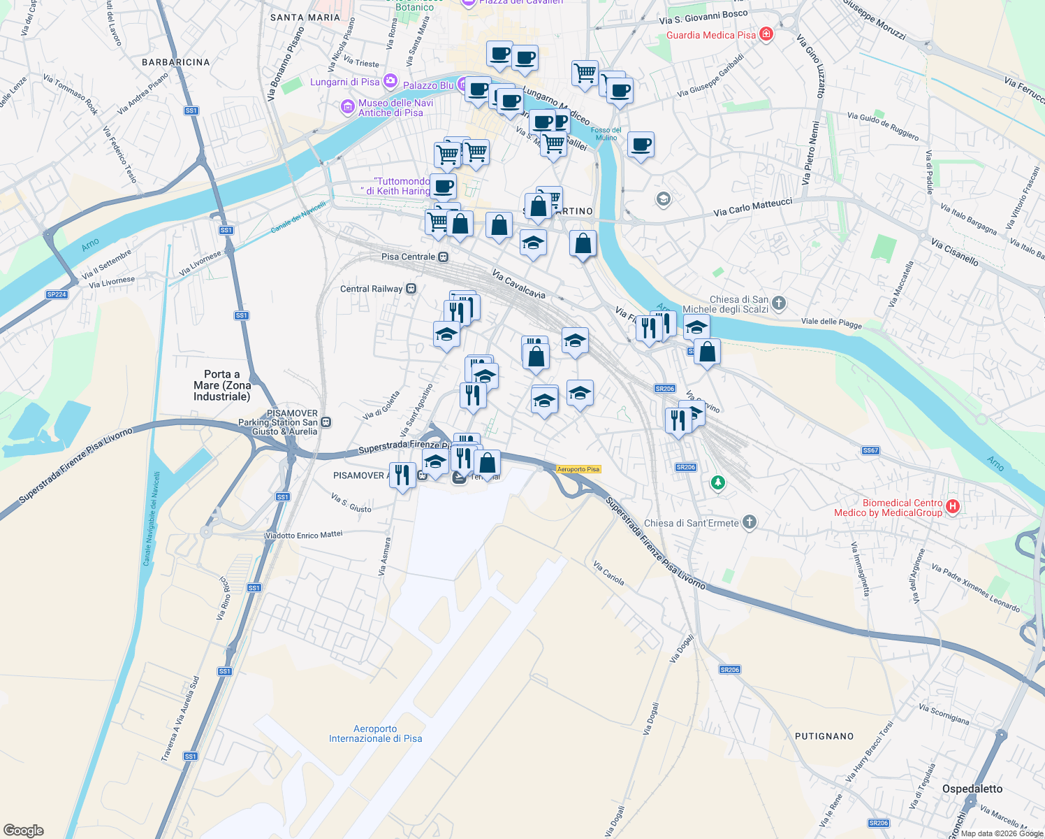 map of restaurants, bars, coffee shops, grocery stores, and more near 30 Via Arcangelo Ghisleri in Pisa