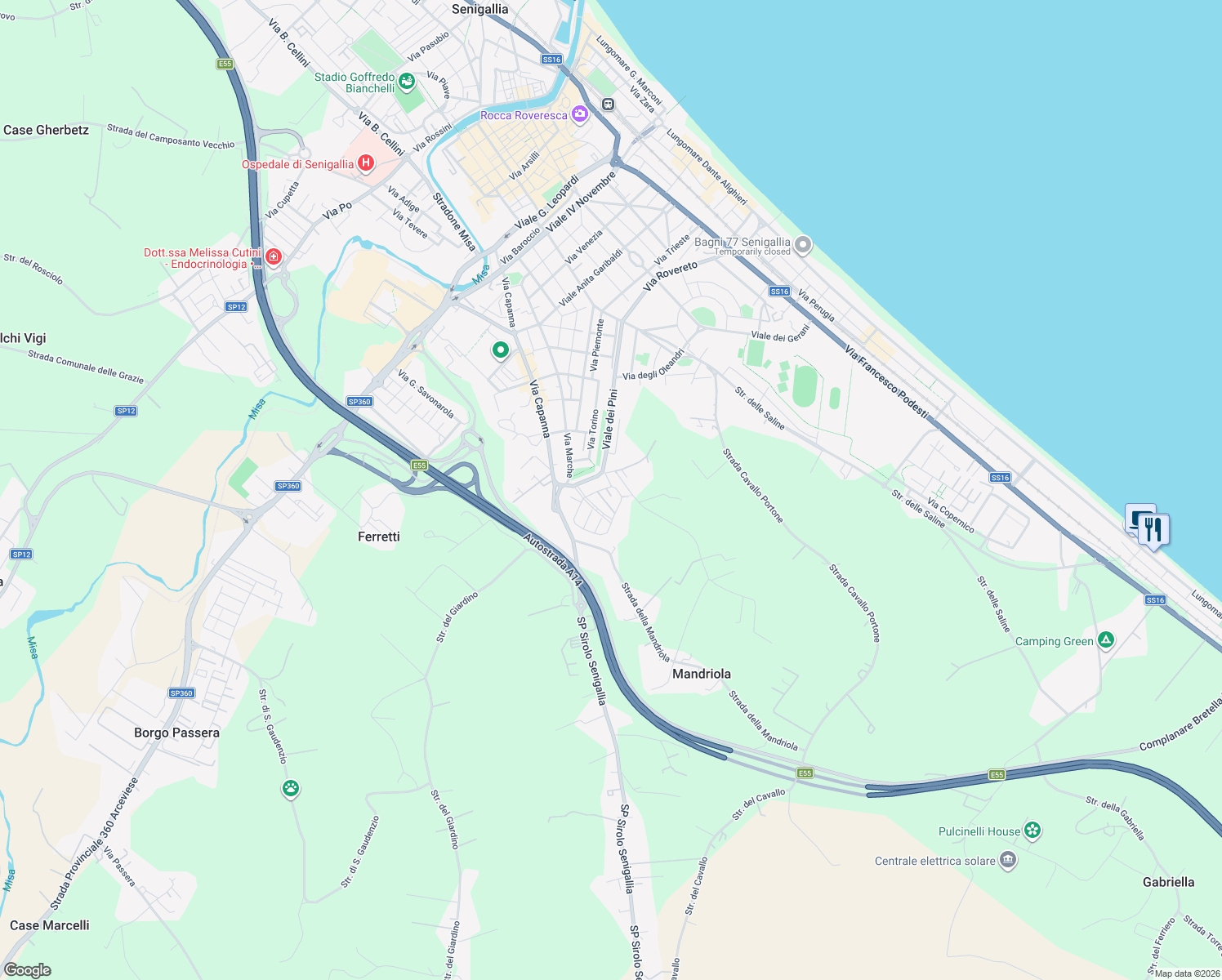 map of restaurants, bars, coffee shops, grocery stores, and more near 2 Via degli Olmi in Senigallia