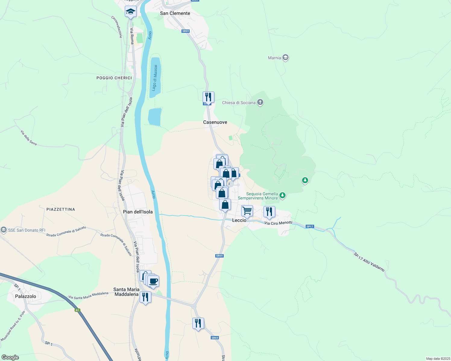 map of restaurants, bars, coffee shops, grocery stores, and more near 8 Via Europa in Leccio