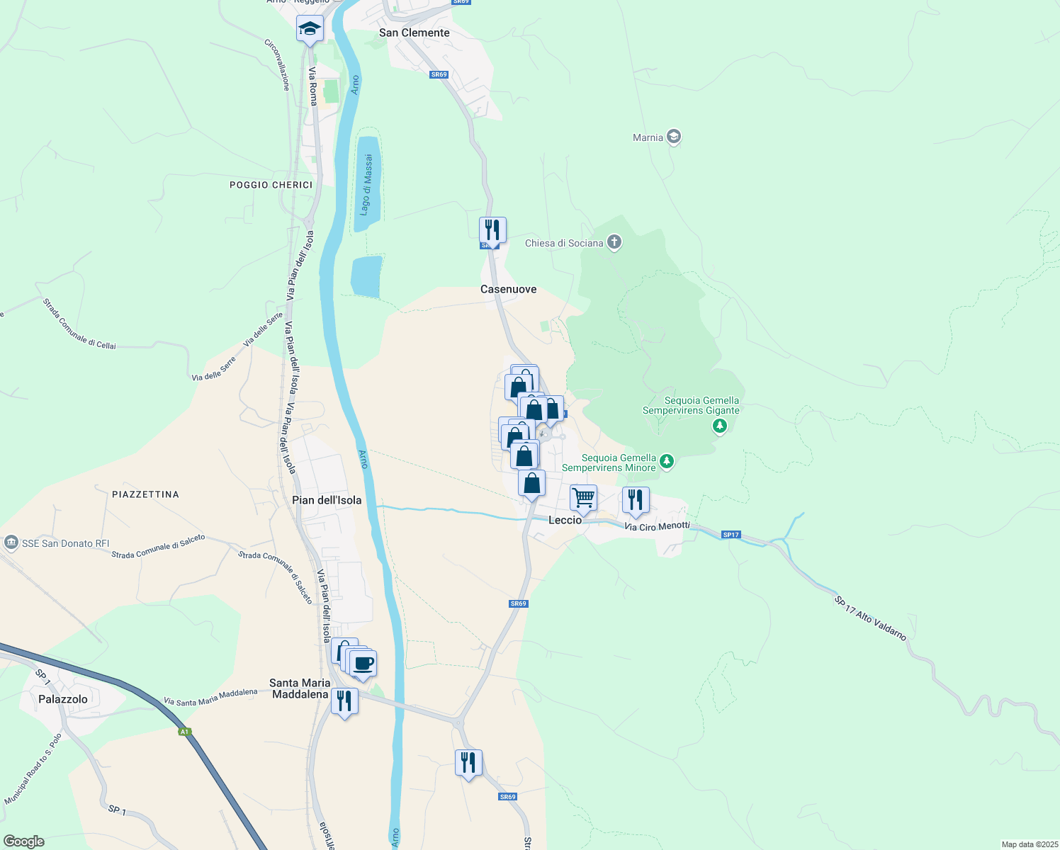 map of restaurants, bars, coffee shops, grocery stores, and more near 6 Via Europa in Leccio