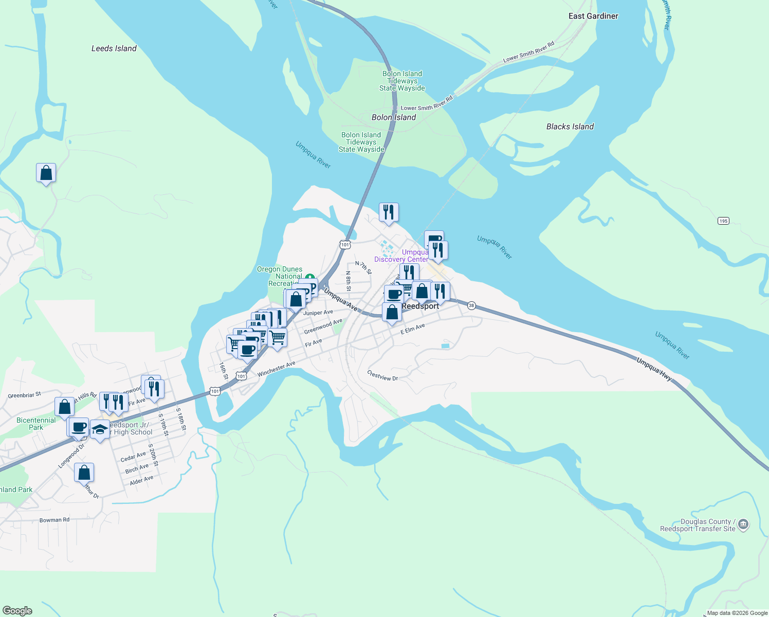 map of restaurants, bars, coffee shops, grocery stores, and more near 566 Greenwood Ave in Reedsport