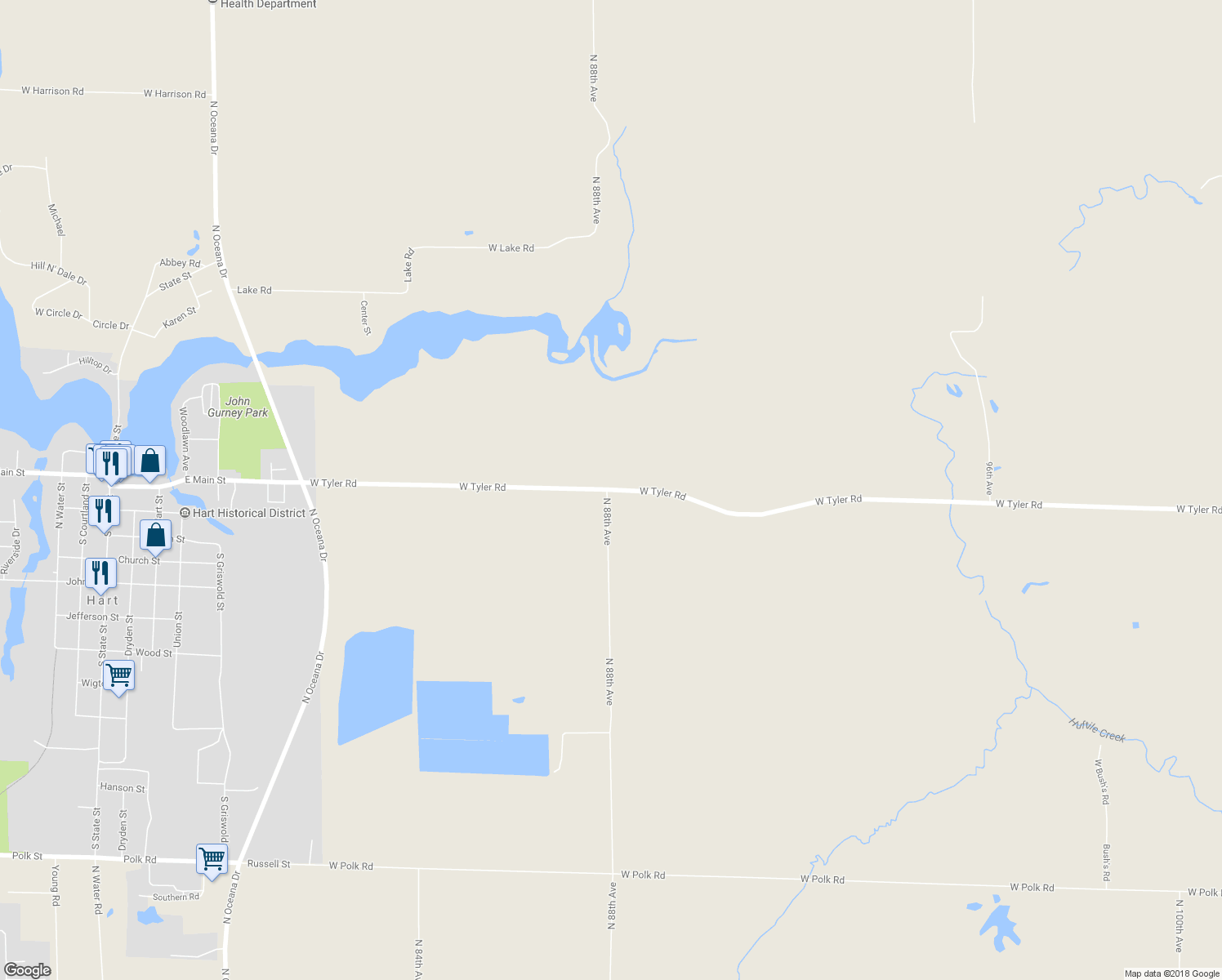 map of restaurants, bars, coffee shops, grocery stores, and more near 2790 West Tyler Road in Hart