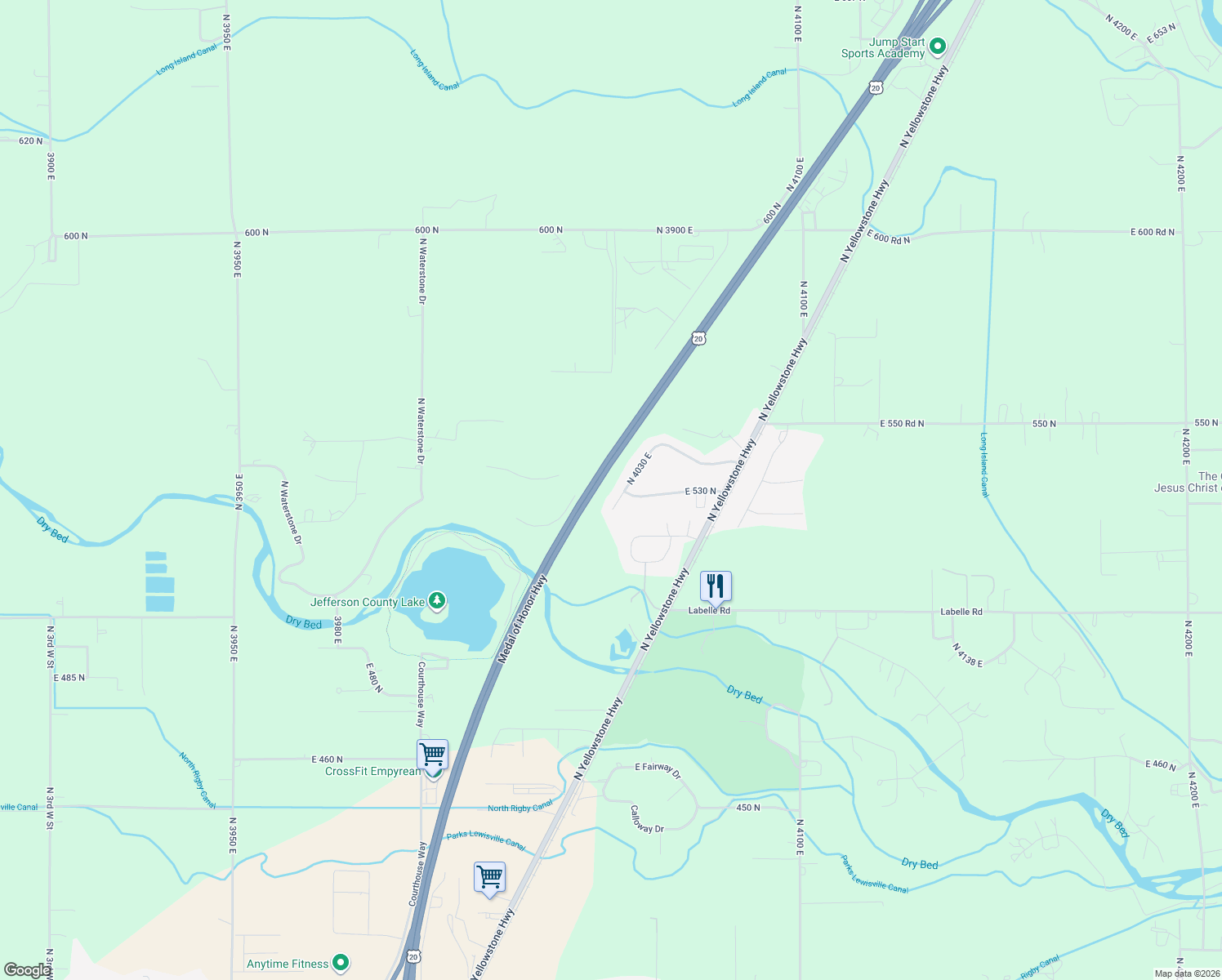 map of restaurants, bars, coffee shops, grocery stores, and more near 529 North 4030 East in Rigby