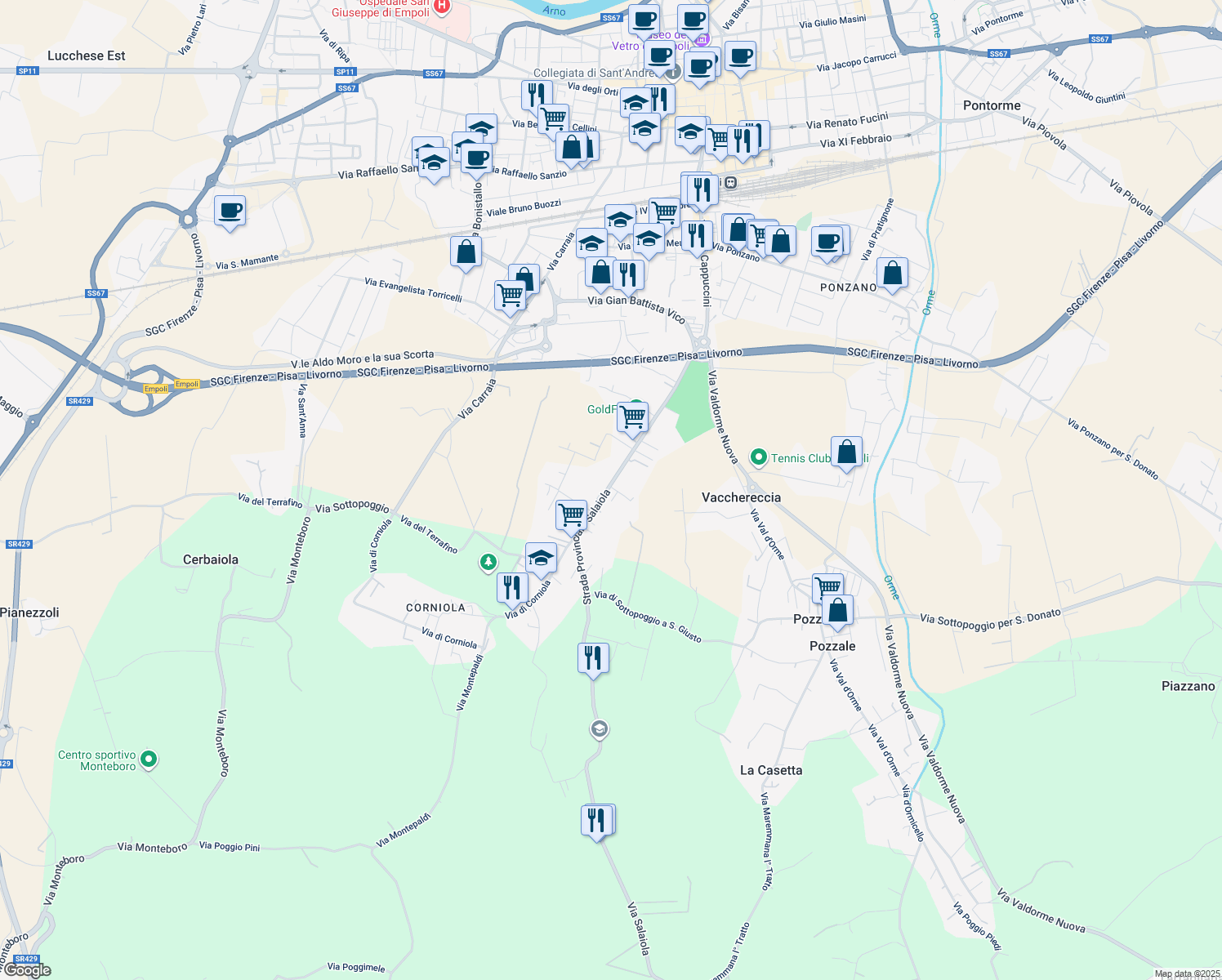map of restaurants, bars, coffee shops, grocery stores, and more near 65 Via Salaiola in Empoli
