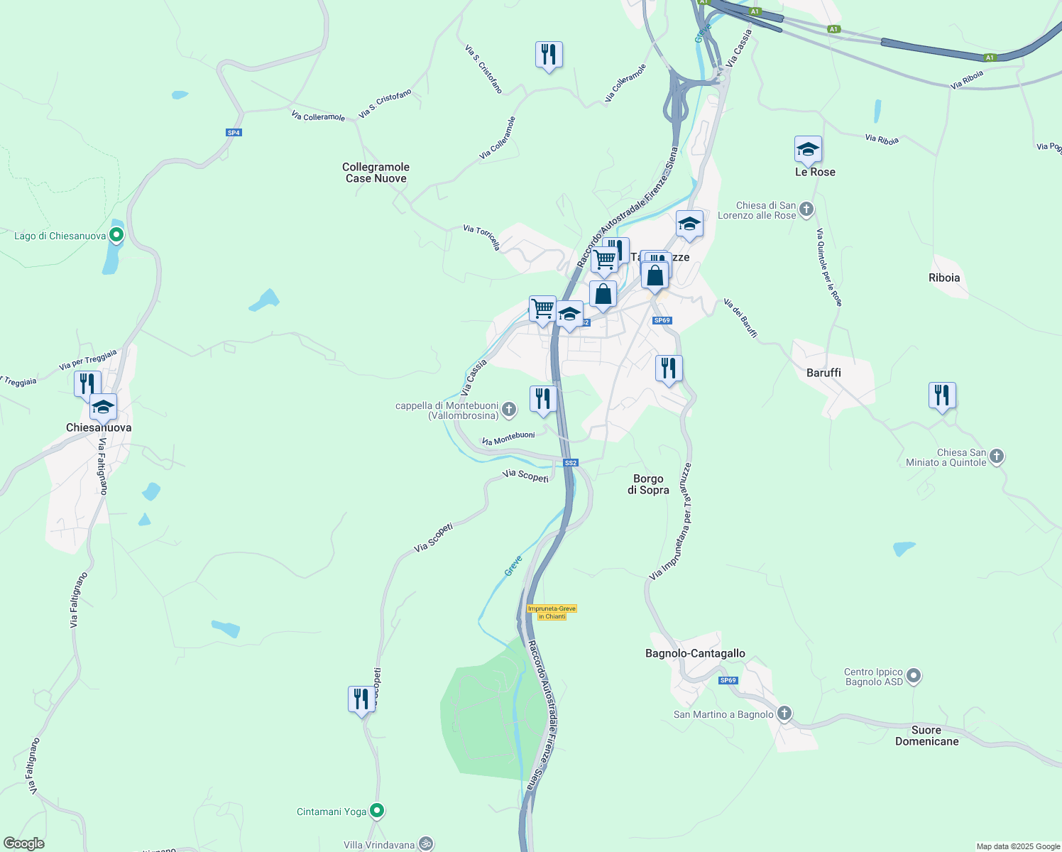 map of restaurants, bars, coffee shops, grocery stores, and more near 91 Via Montebuoni in Città Metropolitana di Firenze