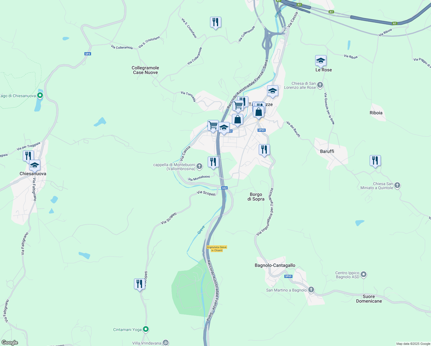 map of restaurants, bars, coffee shops, grocery stores, and more near 91 Via Montebuoni in Città Metropolitana di Firenze