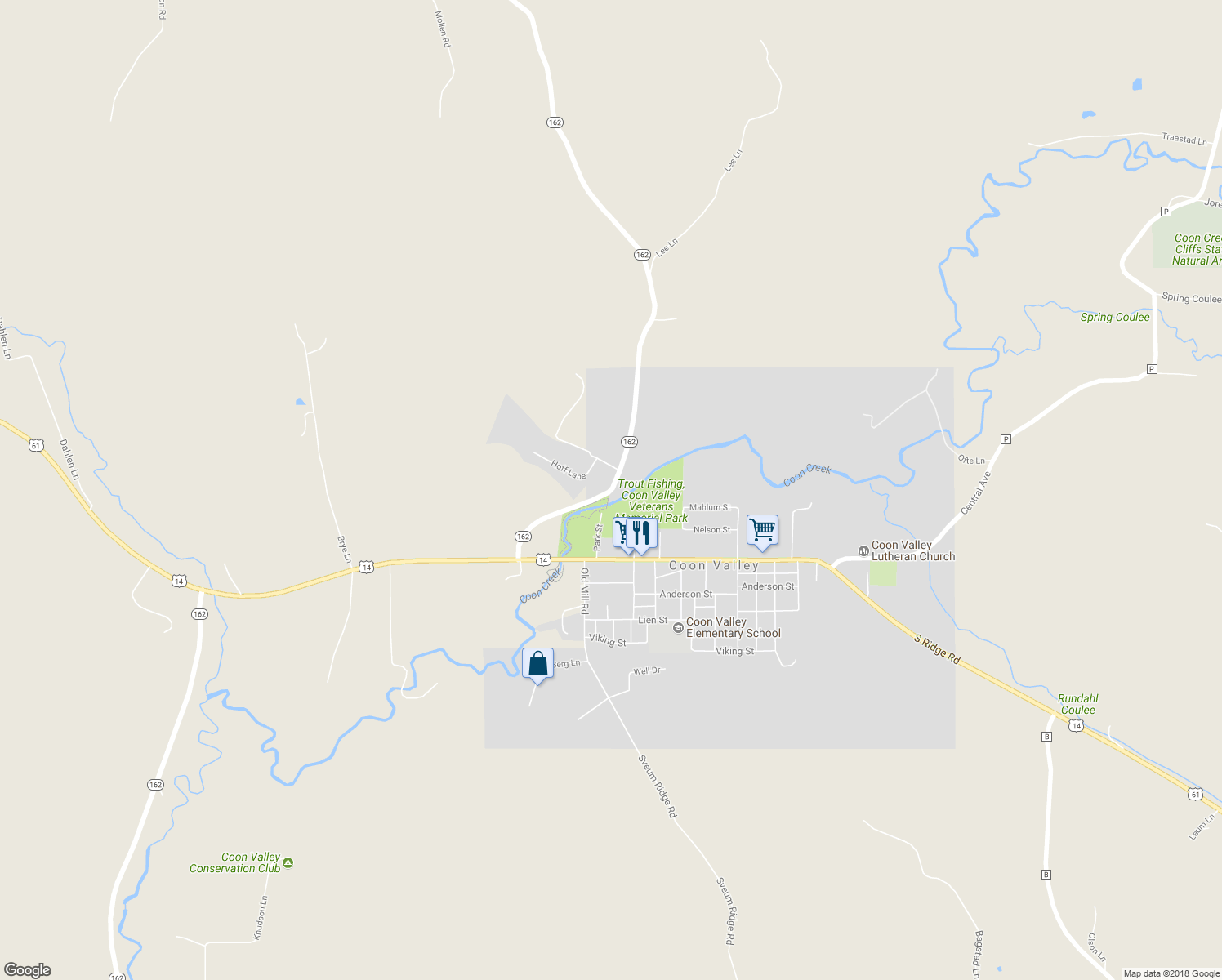 map of restaurants, bars, coffee shops, grocery stores, and more near Wisconsin 162 in Coon Valley