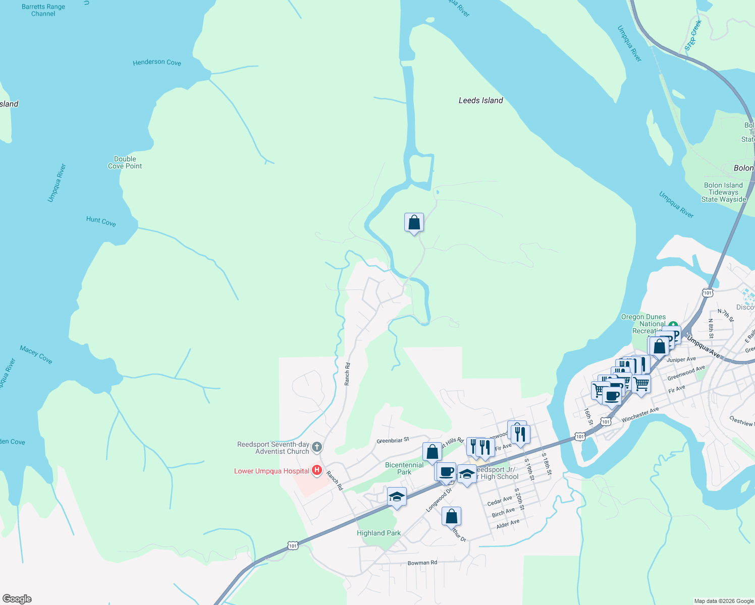 map of restaurants, bars, coffee shops, grocery stores, and more near 777 Evergreen Loop in Reedsport