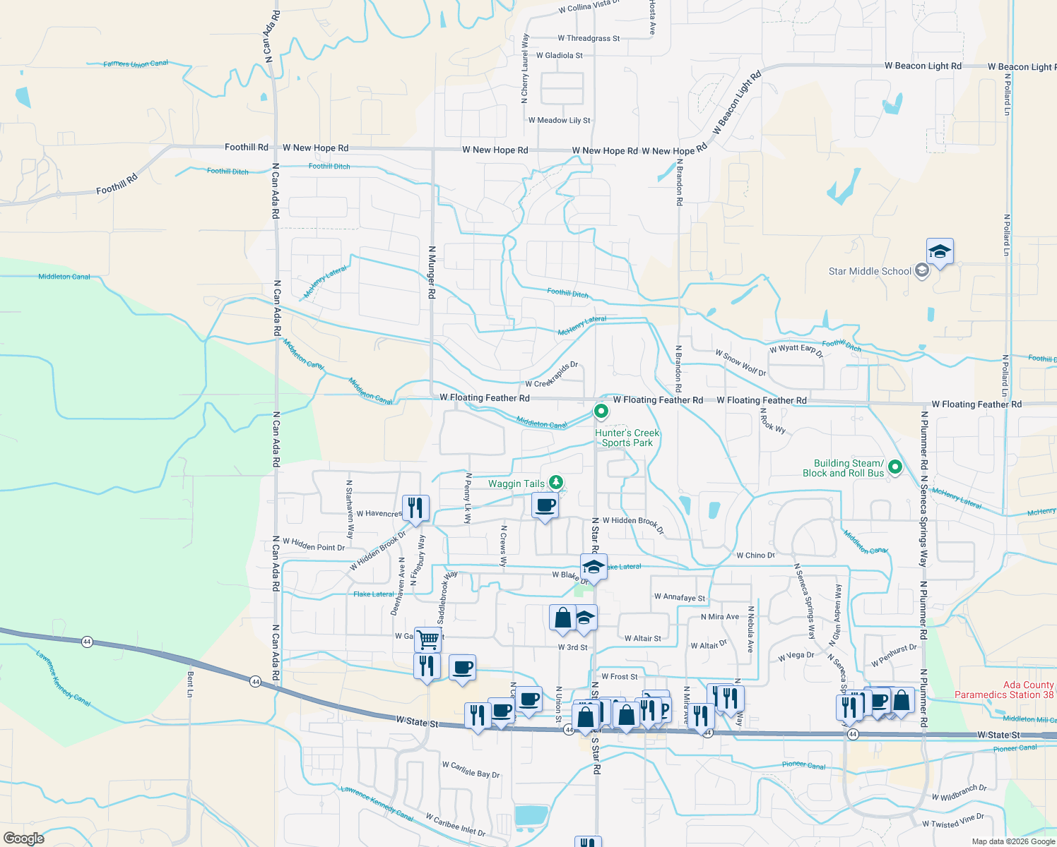 map of restaurants, bars, coffee shops, grocery stores, and more near 11550 West Meadowfalls Drive in Star