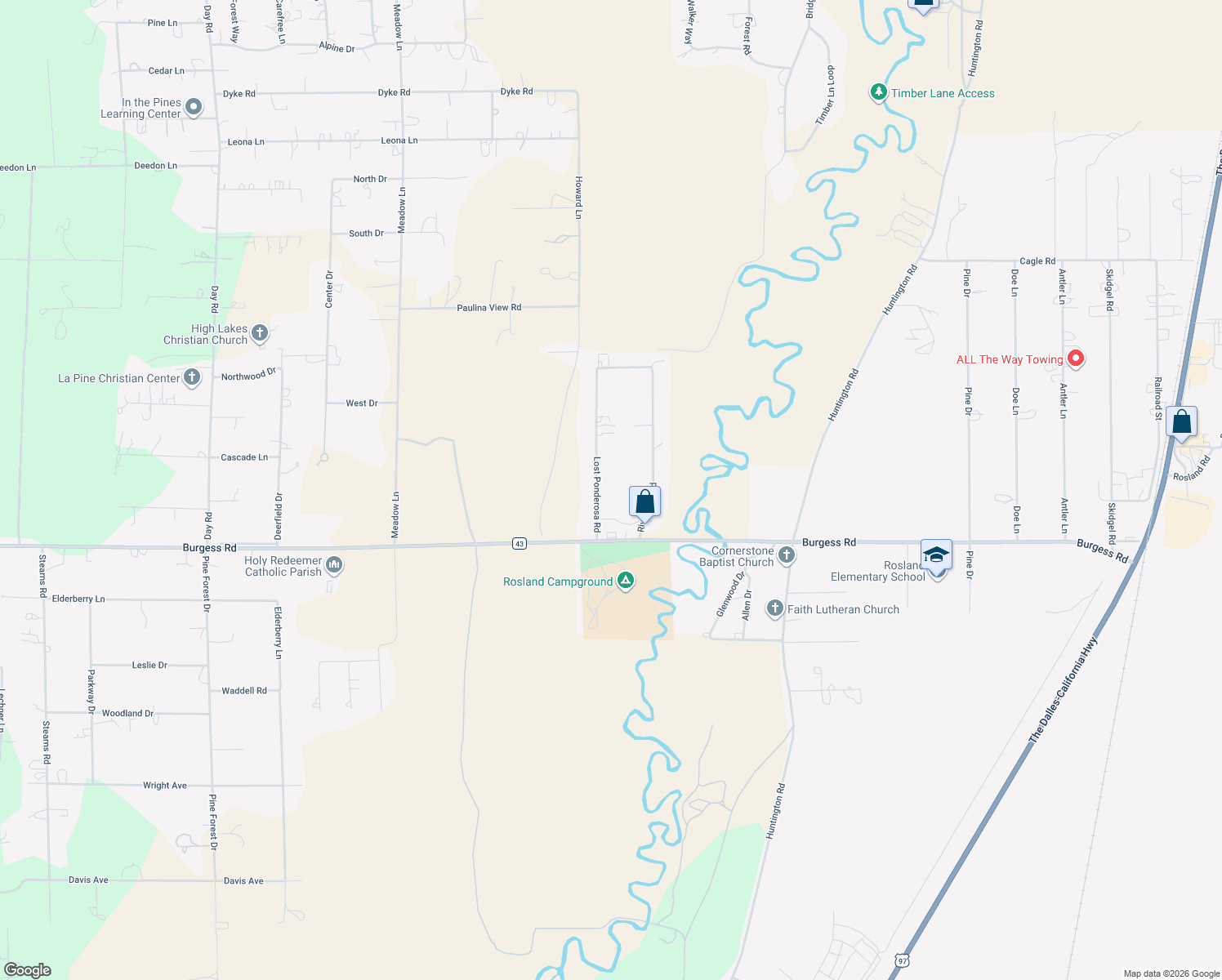 map of restaurants, bars, coffee shops, grocery stores, and more near 52456 Lost Ponderosa Road in La Pine