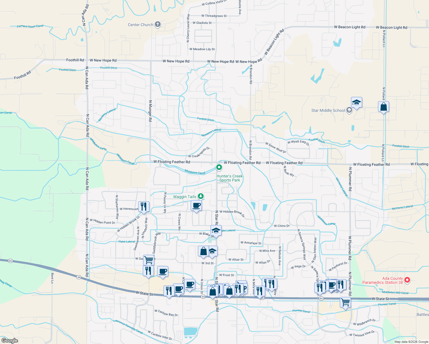 map of restaurants, bars, coffee shops, grocery stores, and more near 1499 North Star Road in Star