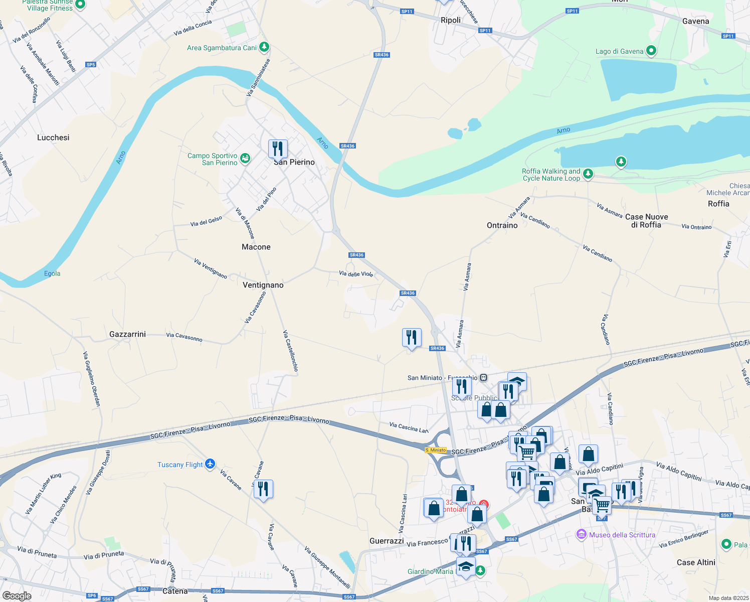map of restaurants, bars, coffee shops, grocery stores, and more near 3 Via Petroio in Città Metropolitana di Firenze