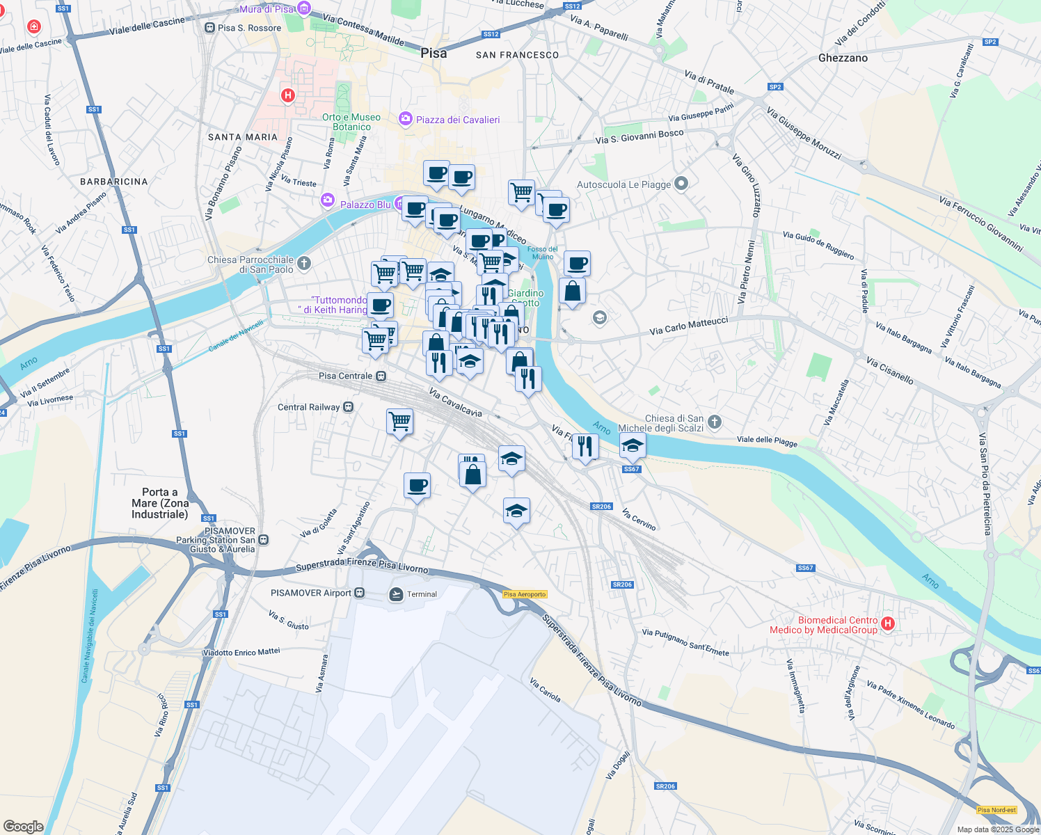 map of restaurants, bars, coffee shops, grocery stores, and more near 6 Via Marco Polo in Pisa