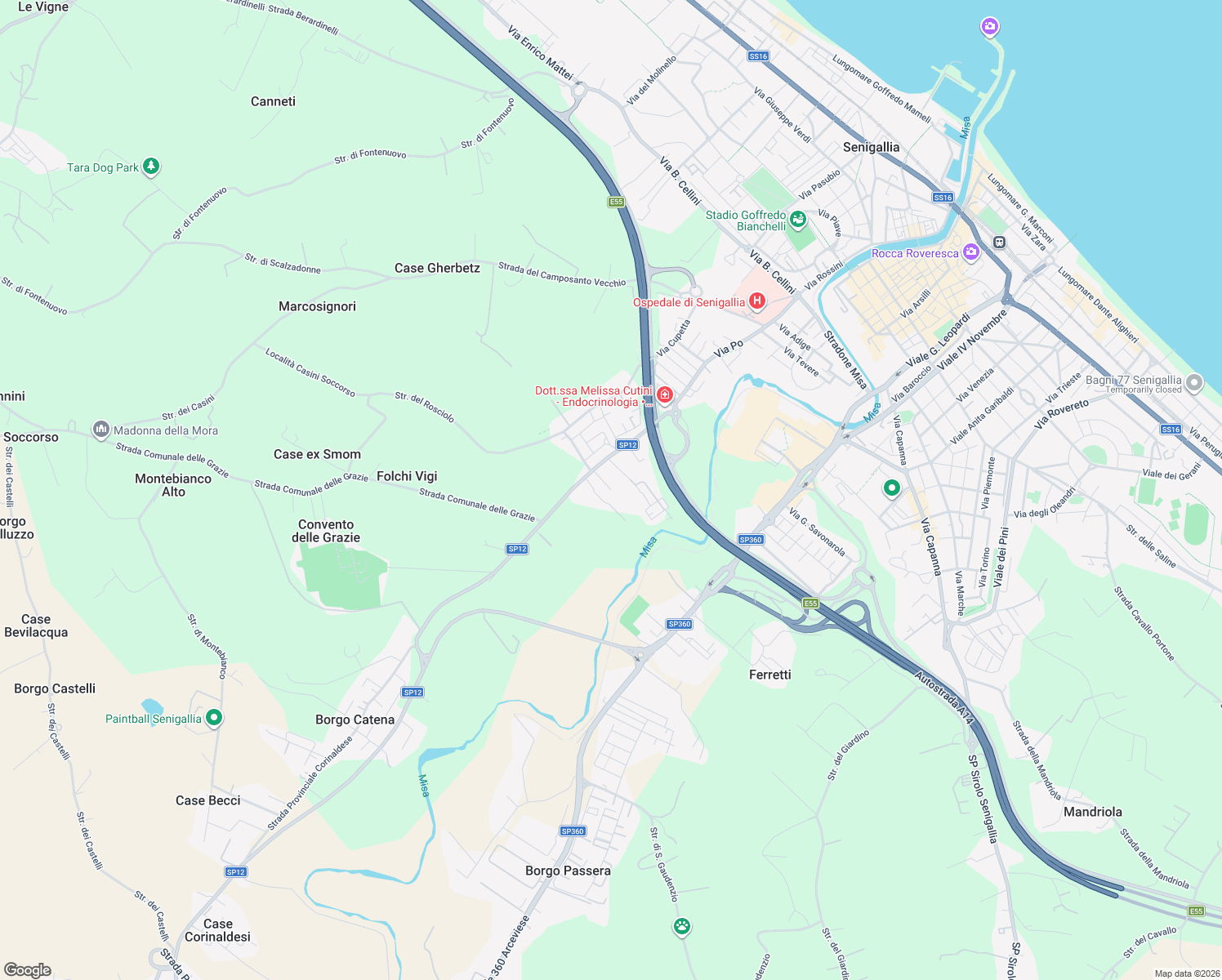 map of restaurants, bars, coffee shops, grocery stores, and more near 42 Strada Provinciale Corinaldese in Senigallia