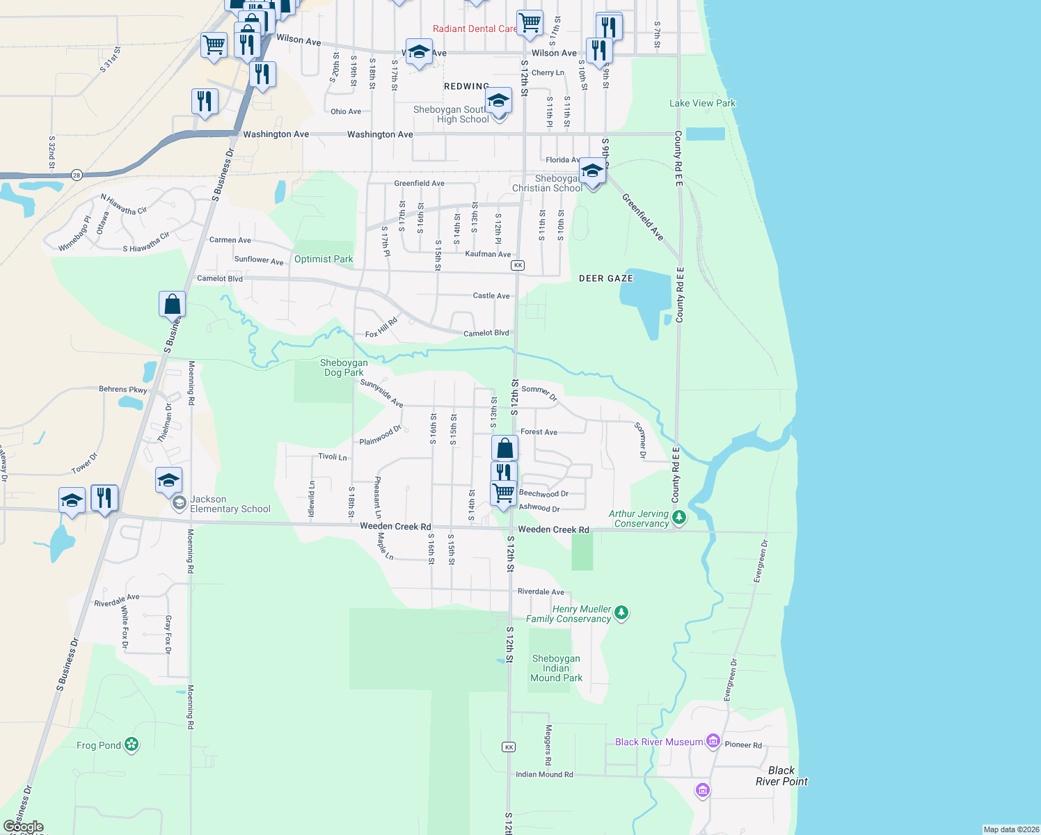 map of restaurants, bars, coffee shops, grocery stores, and more near 4209 S 12th St in Sheboygan