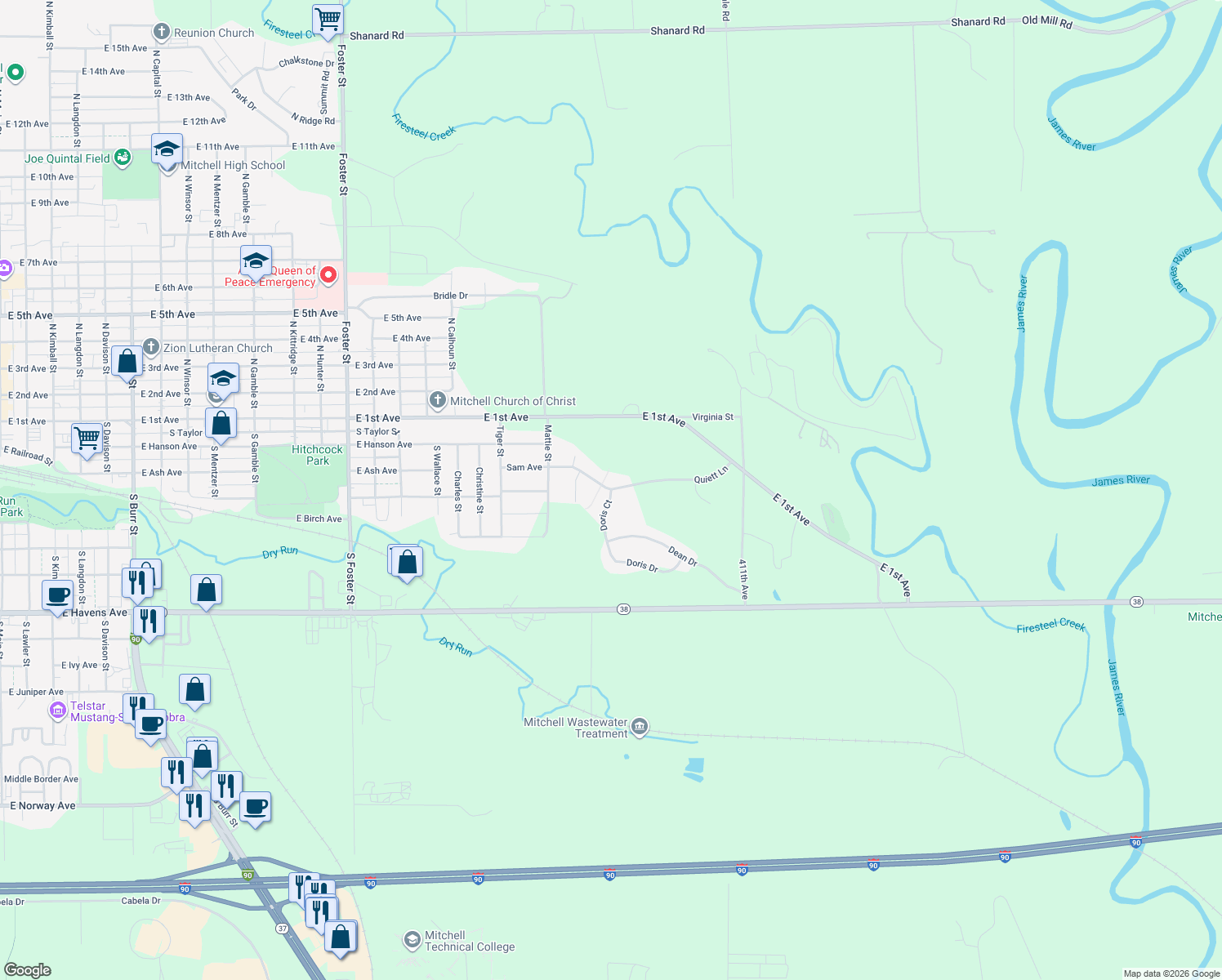map of restaurants, bars, coffee shops, grocery stores, and more near 2098 Quiett Ln in Mitchell