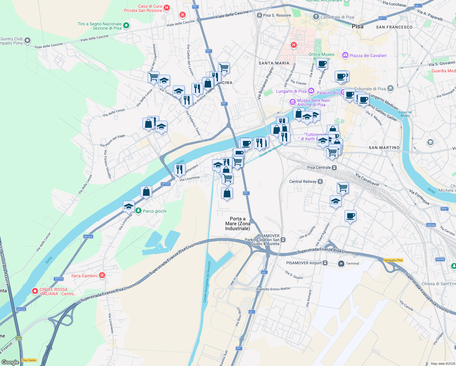 map of restaurants, bars, coffee shops, grocery stores, and more near 41 Corte Sanac in Porta a Mare (Zona Industriale)
