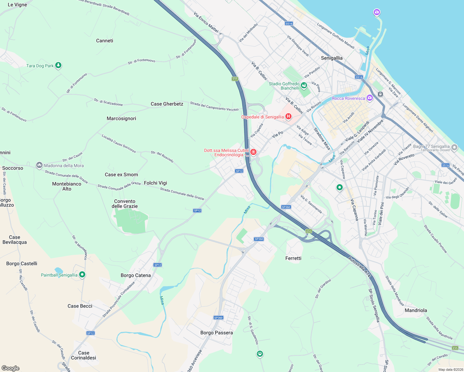 map of restaurants, bars, coffee shops, grocery stores, and more near 42 Strada Provinciale Corinaldese in Senigallia