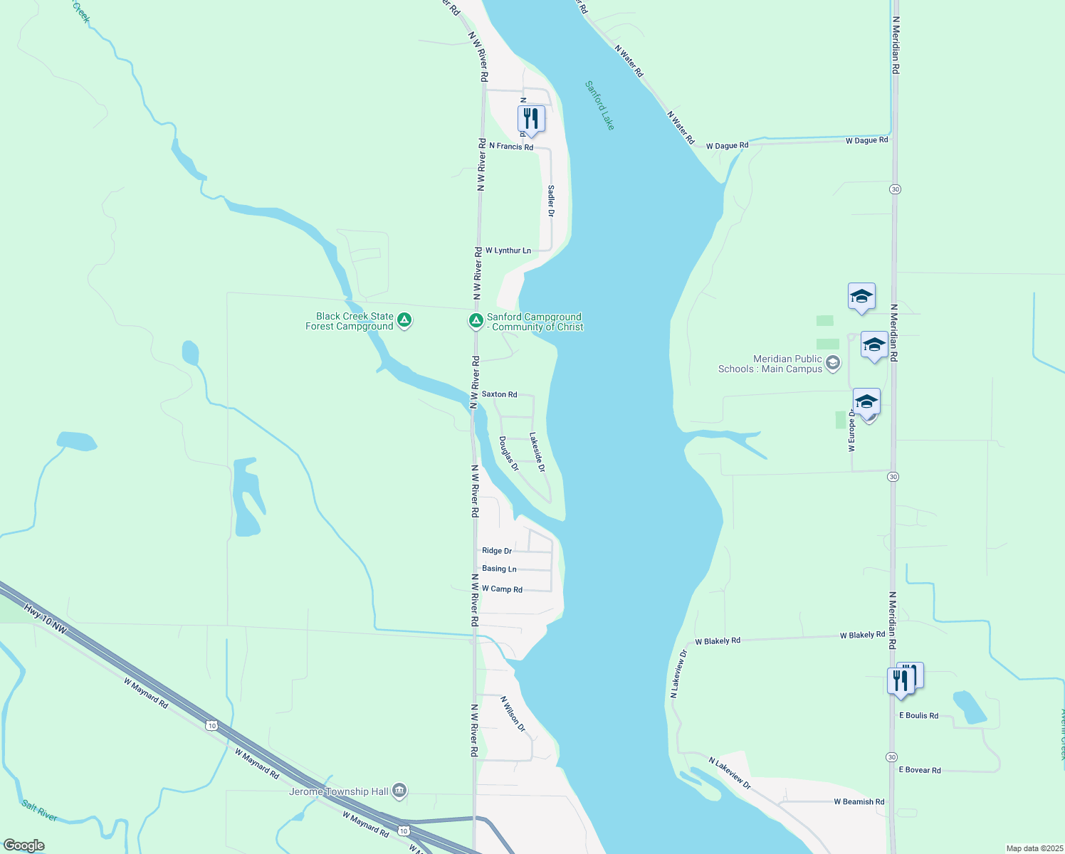 map of restaurants, bars, coffee shops, grocery stores, and more near 3320 Lakeside Drive in Sanford