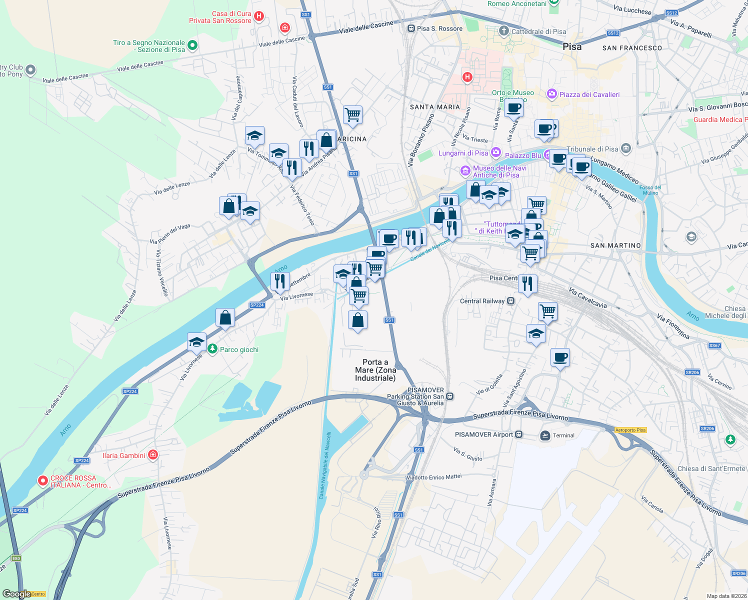 map of restaurants, bars, coffee shops, grocery stores, and more near 41 Corte Sanac in Porta a Mare (Zona Industriale)