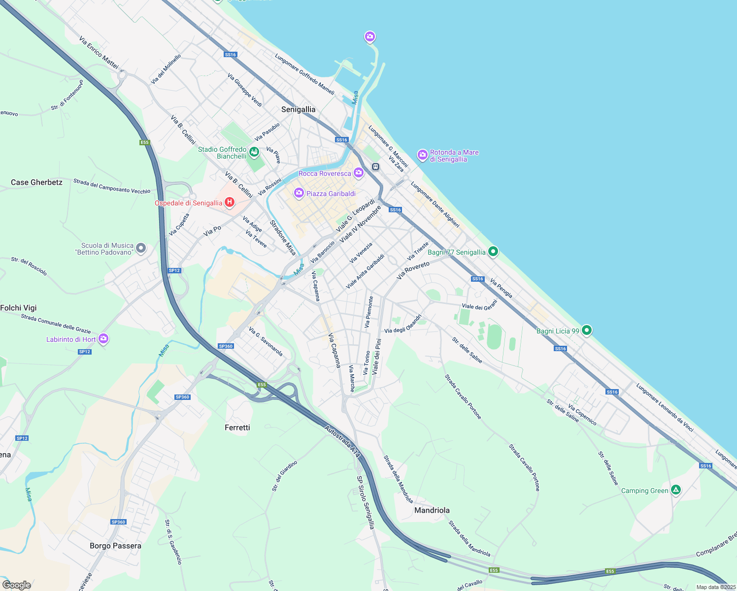 map of restaurants, bars, coffee shops, grocery stores, and more near 2 Via Trento in Senigallia
