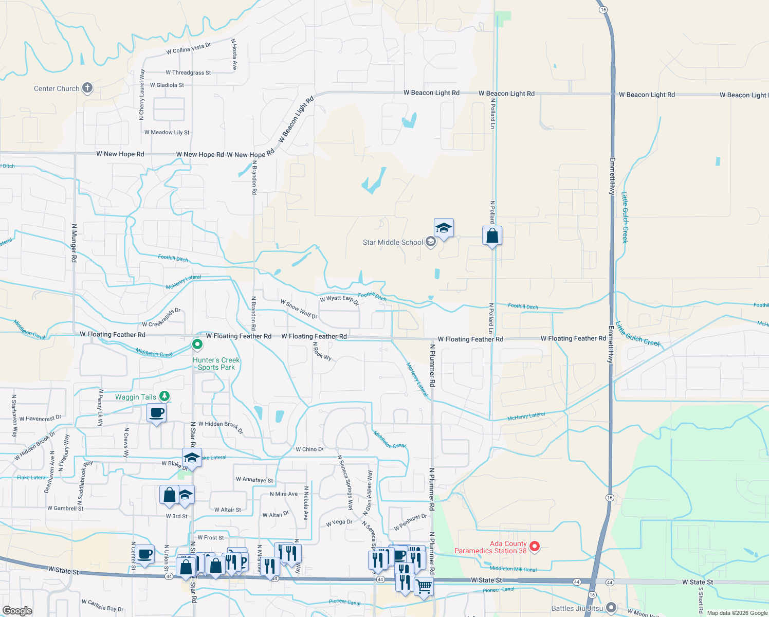 map of restaurants, bars, coffee shops, grocery stores, and more near 1875 North Hornback Avenue in Star