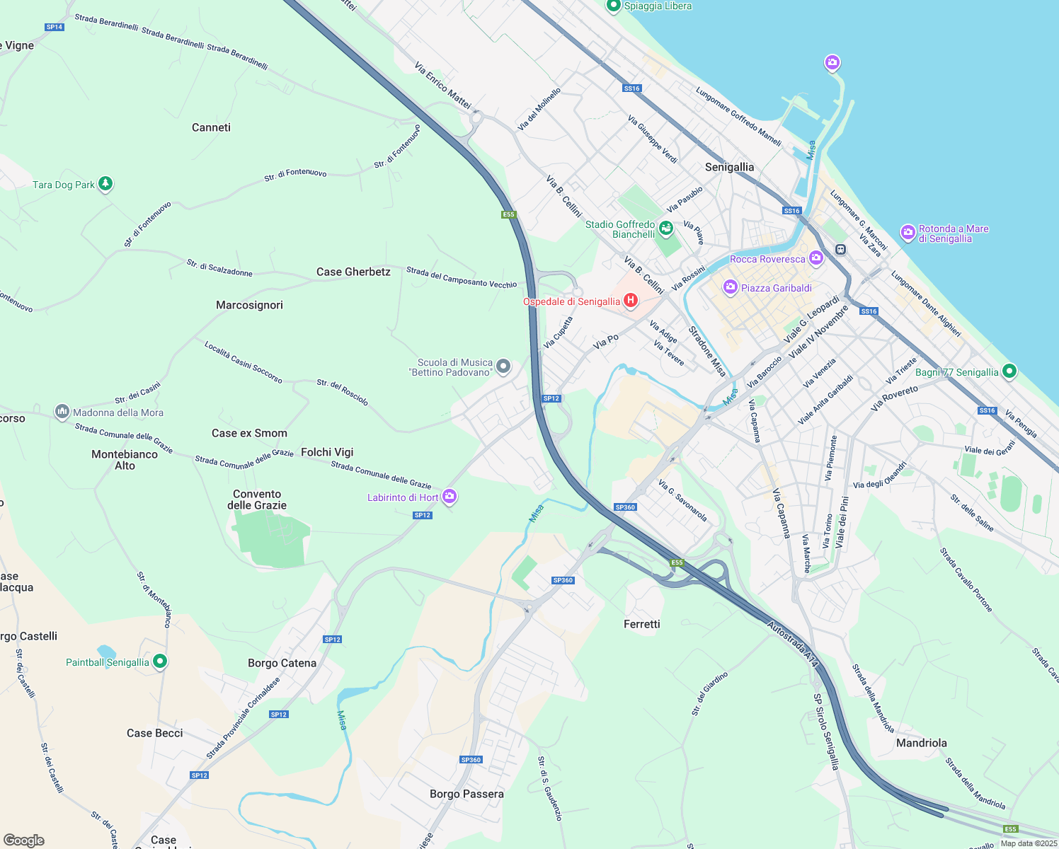 map of restaurants, bars, coffee shops, grocery stores, and more near 145 Via Po in Senigallia