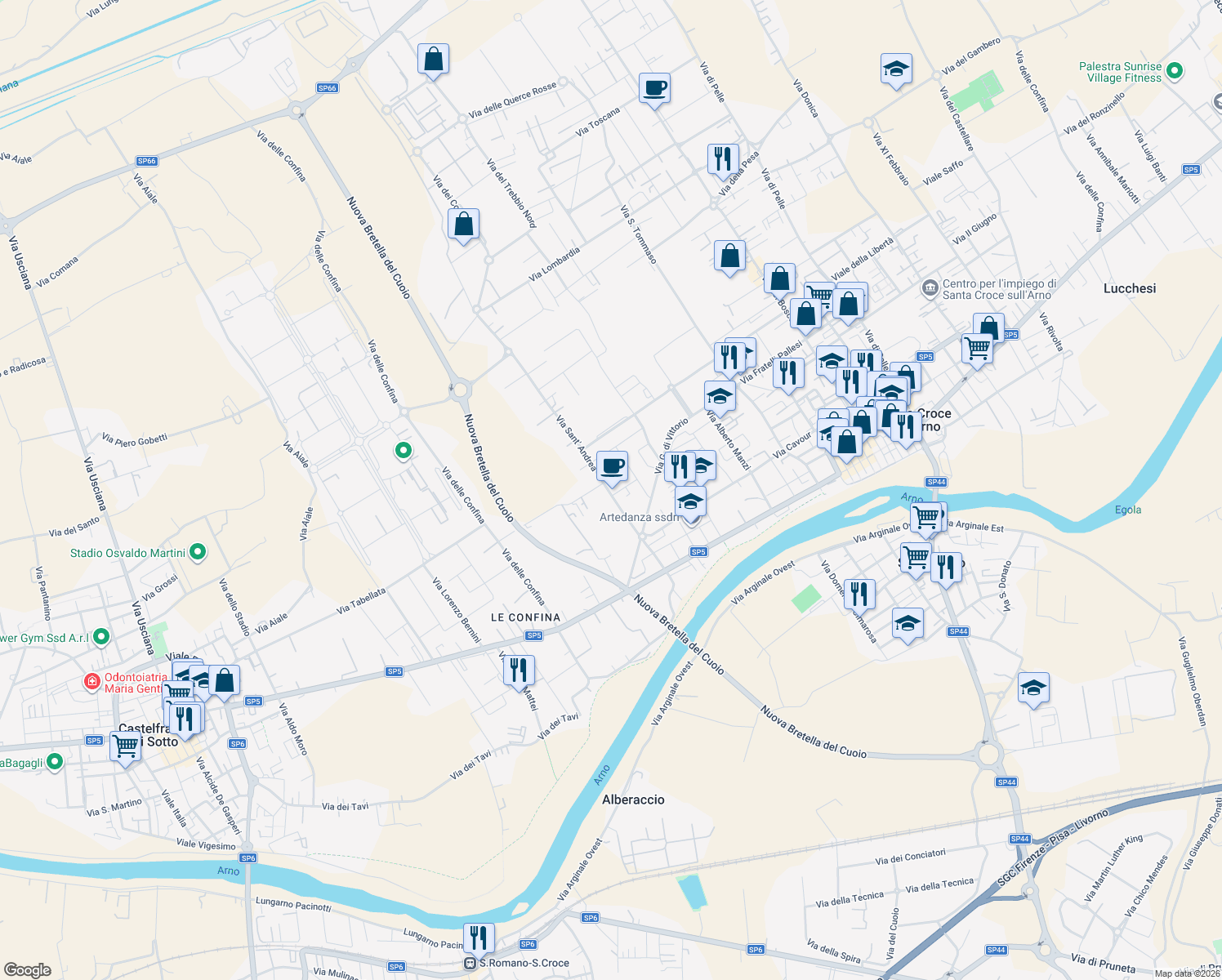 map of restaurants, bars, coffee shops, grocery stores, and more near 2 Via Renato Fucini in Santa Croce sull'Arno