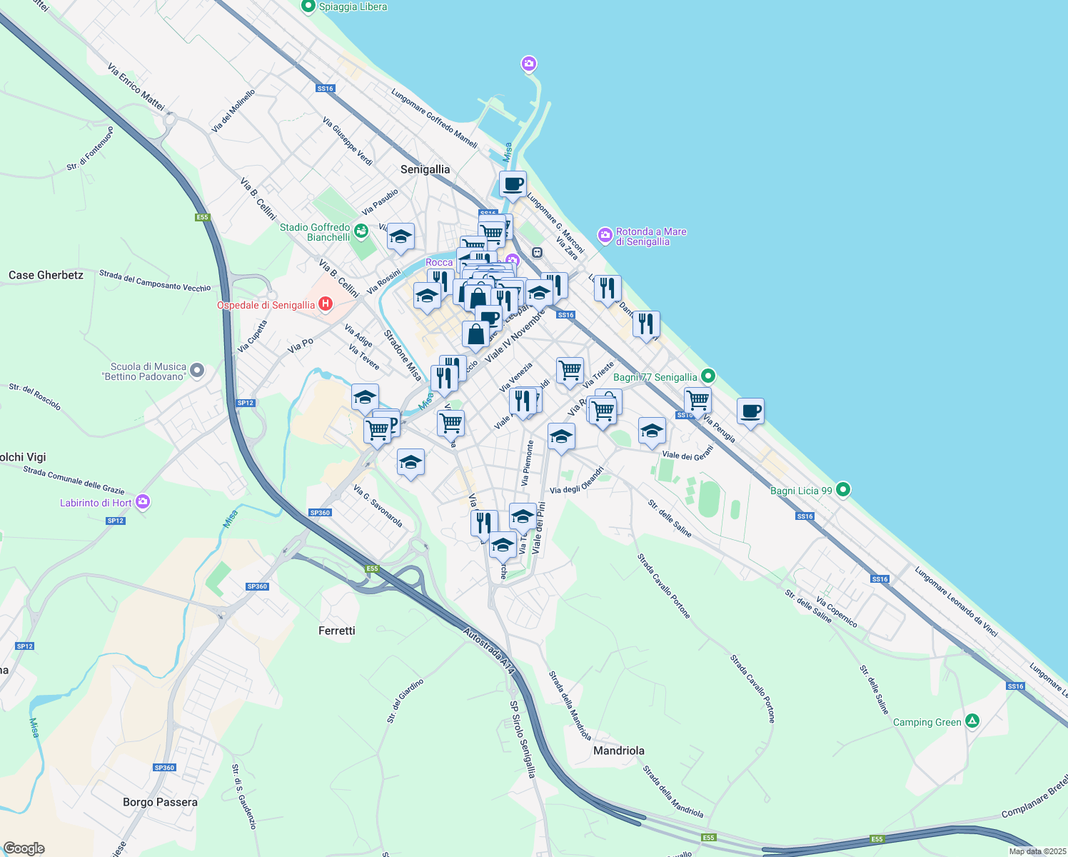 map of restaurants, bars, coffee shops, grocery stores, and more near 78 Via Trieste in Senigallia