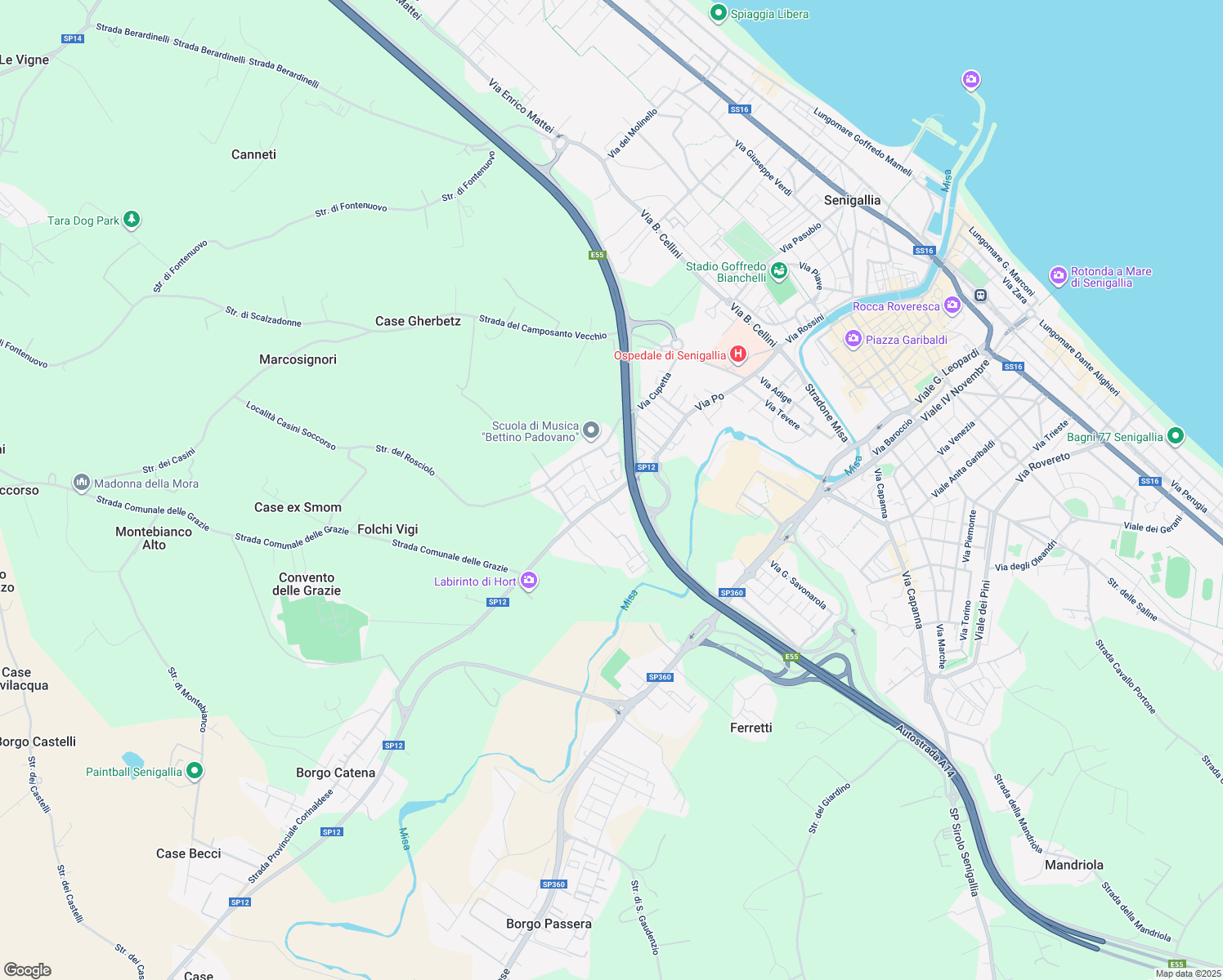 map of restaurants, bars, coffee shops, grocery stores, and more near 145 Via Po in Senigallia