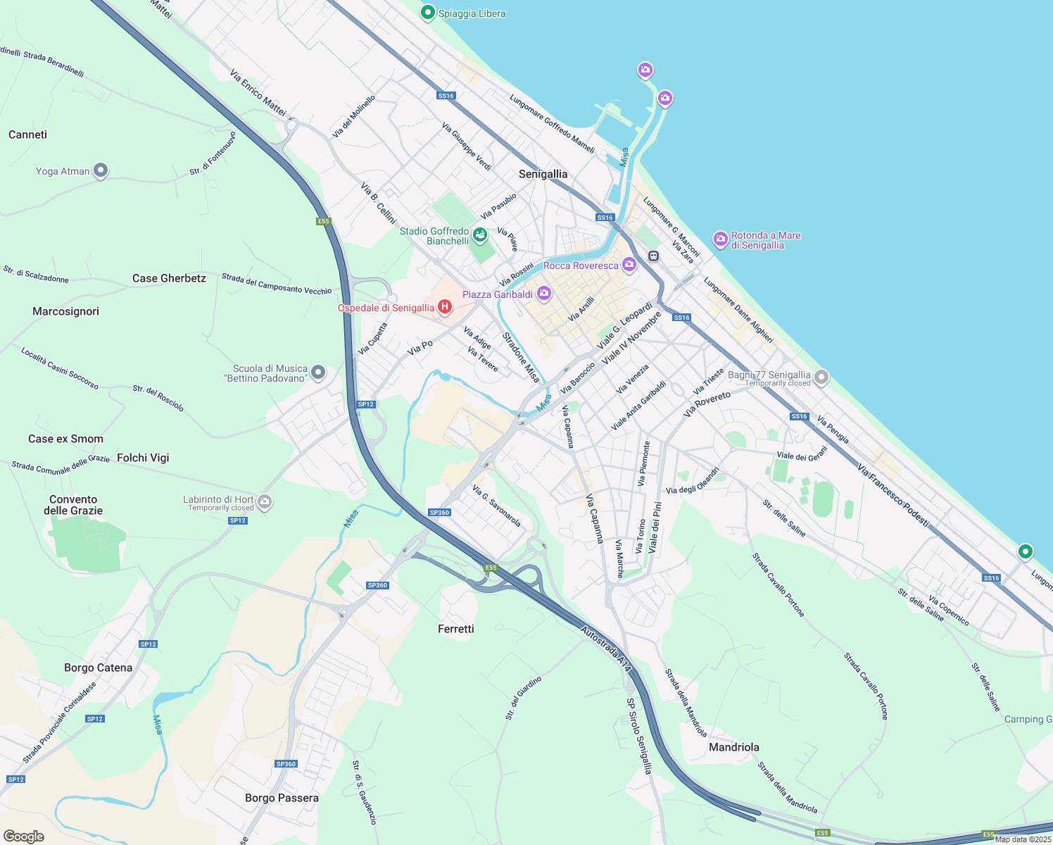 map of restaurants, bars, coffee shops, grocery stores, and more near 37 Viale Giordano Bruno in Senigallia