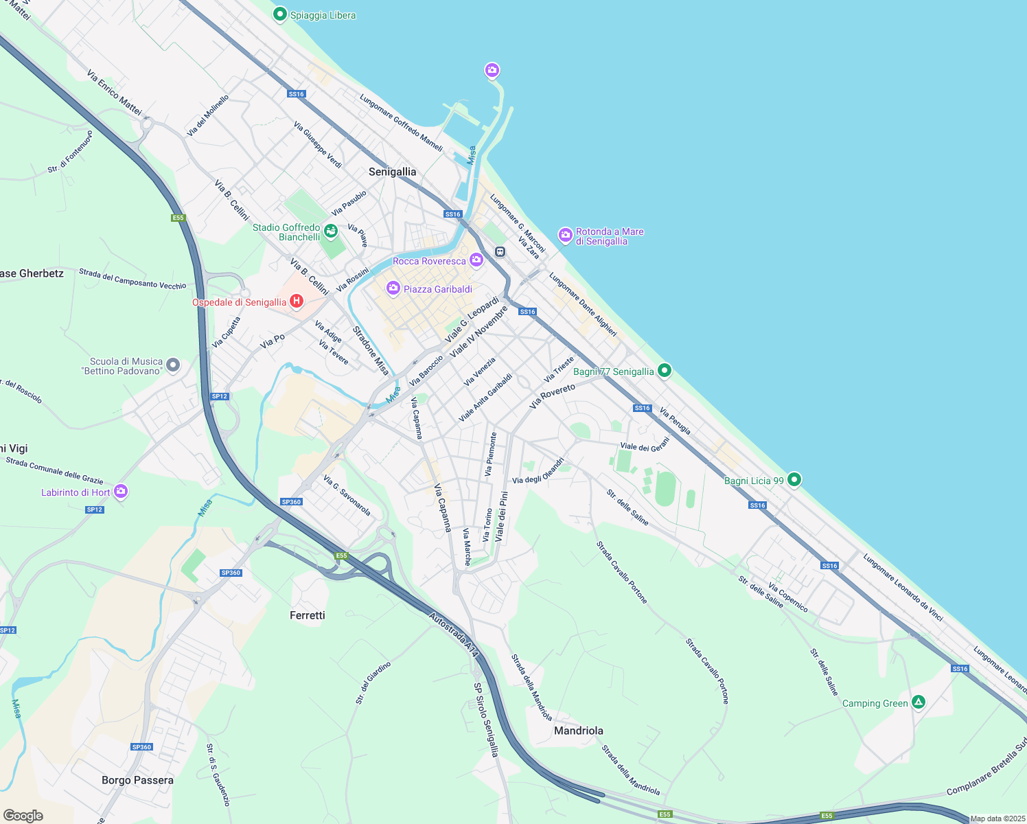 map of restaurants, bars, coffee shops, grocery stores, and more near 77-78 Via Trieste in Senigallia