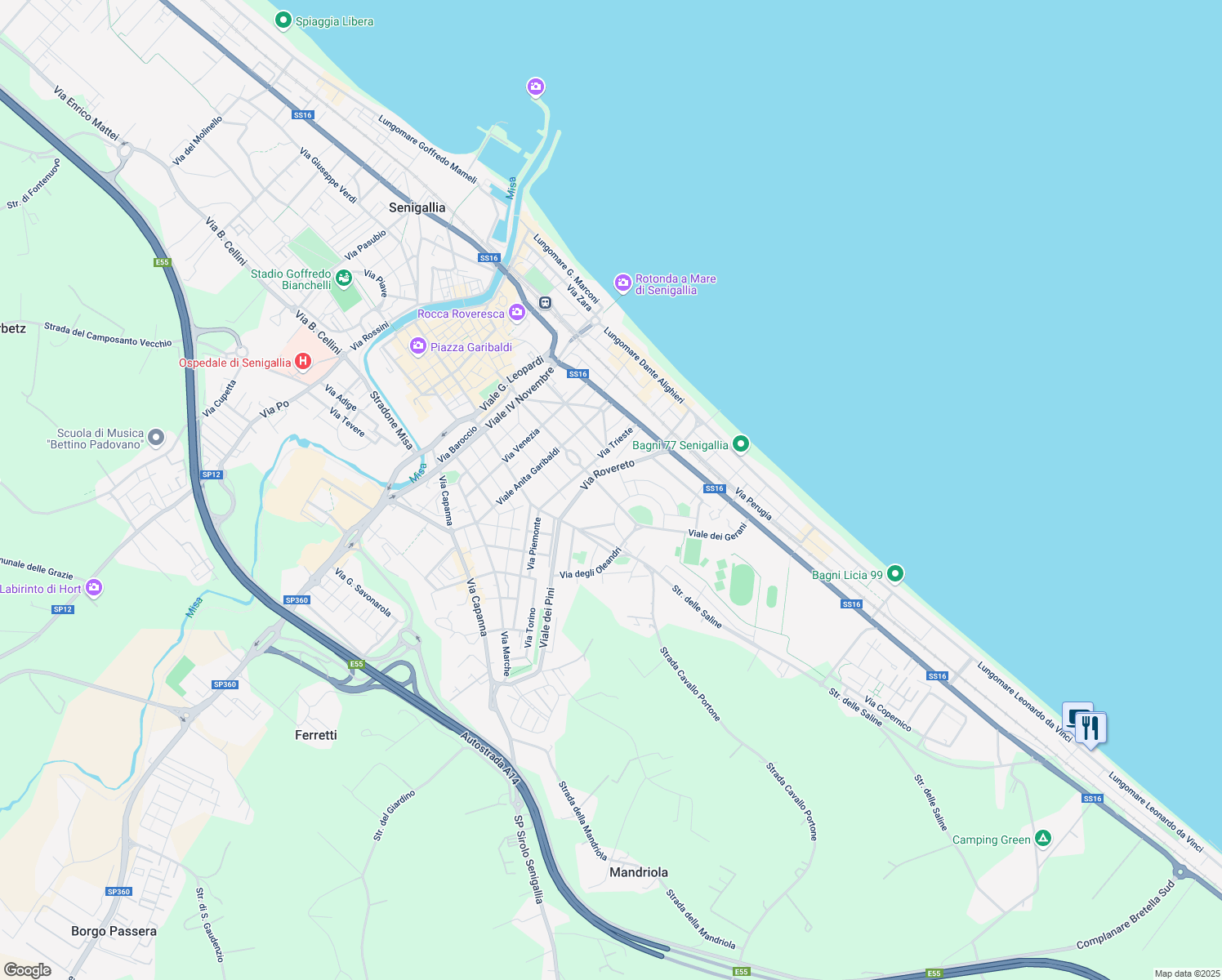 map of restaurants, bars, coffee shops, grocery stores, and more near 3 Viale dei Gerani in Senigallia