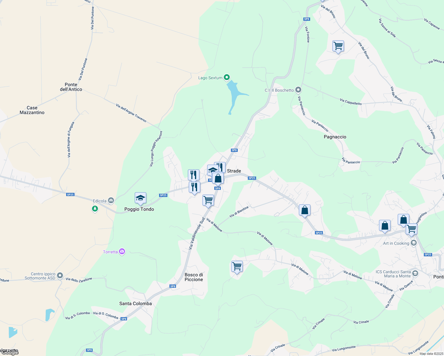 map of restaurants, bars, coffee shops, grocery stores, and more near Strada Provinciale 8 della Val di Nievole in Quattro Strade