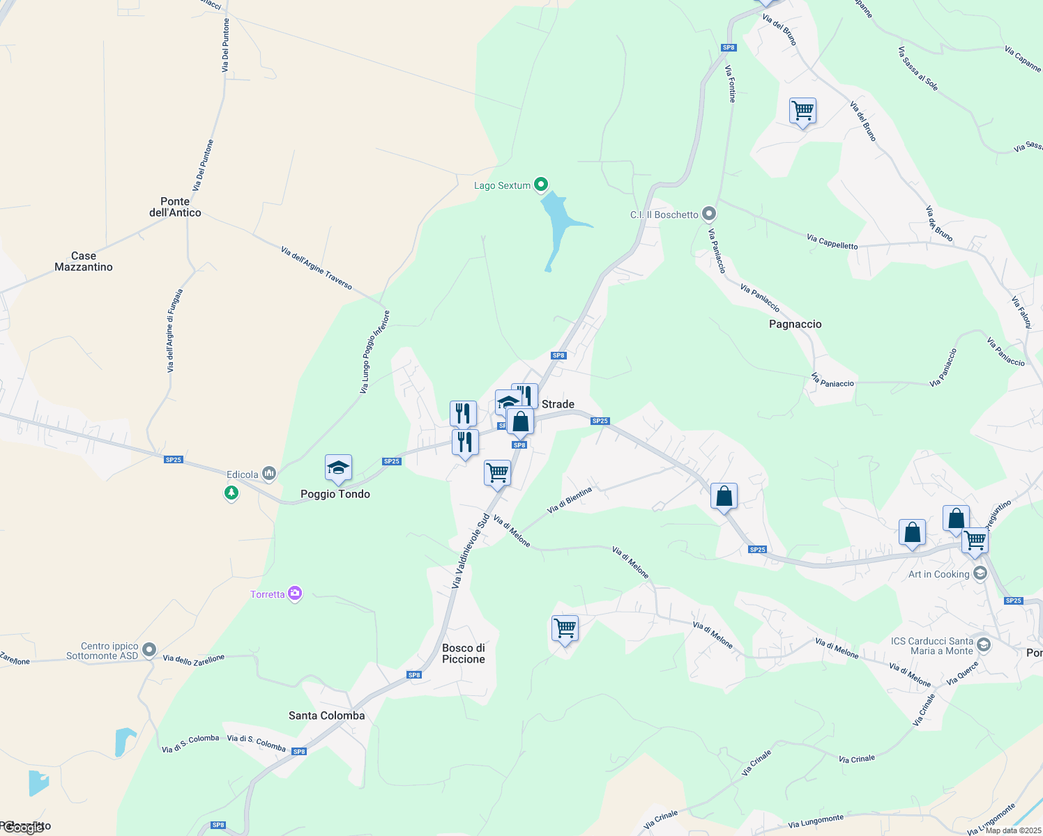 map of restaurants, bars, coffee shops, grocery stores, and more near 8 Via Valdinievole Nord in Quattro Strade