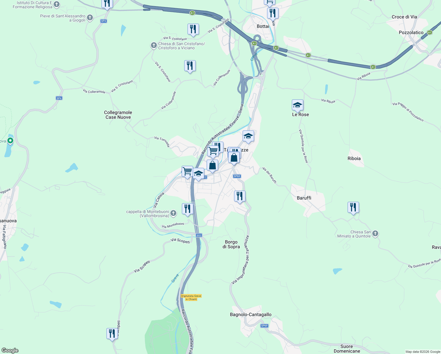 map of restaurants, bars, coffee shops, grocery stores, and more near 108 Via della Repubblica in Tavarnuzze