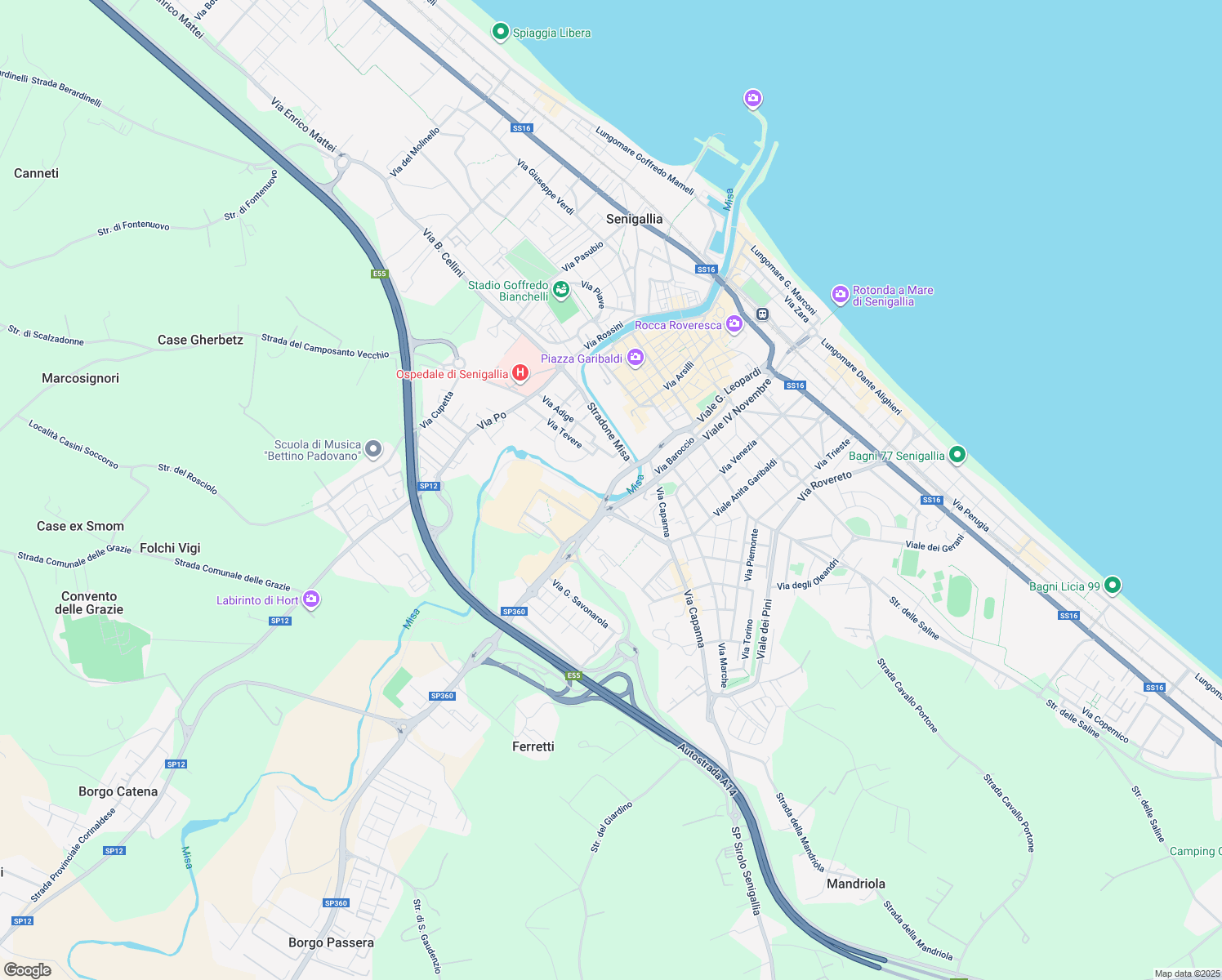 map of restaurants, bars, coffee shops, grocery stores, and more near 37 Viale Giordano Bruno in Senigallia