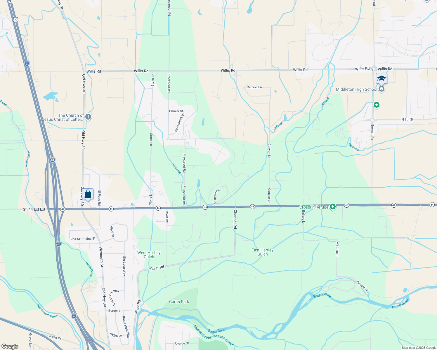 map of restaurants, bars, coffee shops, grocery stores, and more near 14119 Silver Ridge Road in Caldwell