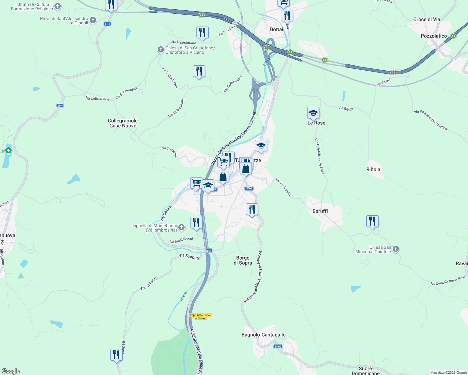 map of restaurants, bars, coffee shops, grocery stores, and more near 108 Via della Repubblica in Tavarnuzze