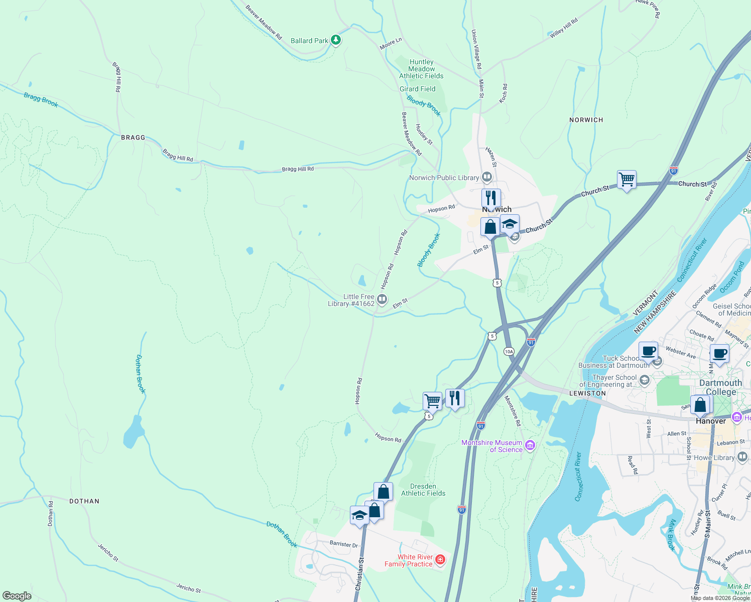 map of restaurants, bars, coffee shops, grocery stores, and more near 186 Hopson Rd in Norwich