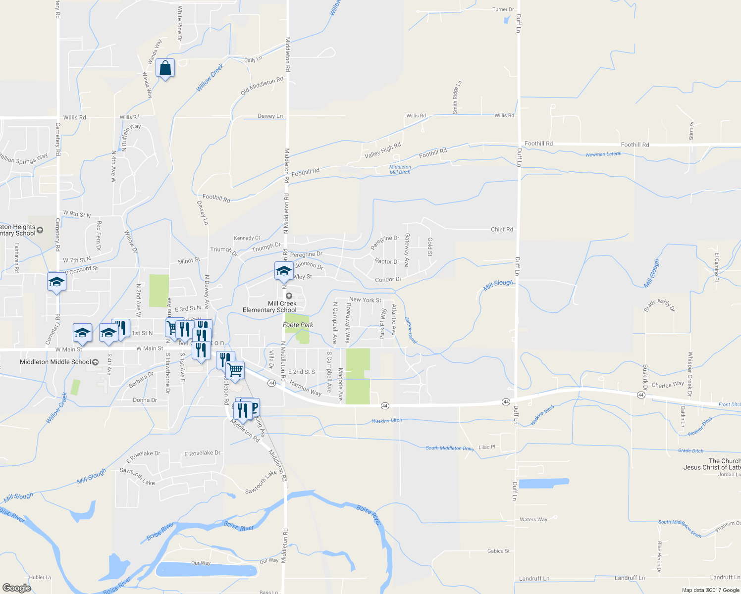 map of restaurants, bars, coffee shops, grocery stores, and more near 1320 New York Street in Middleton